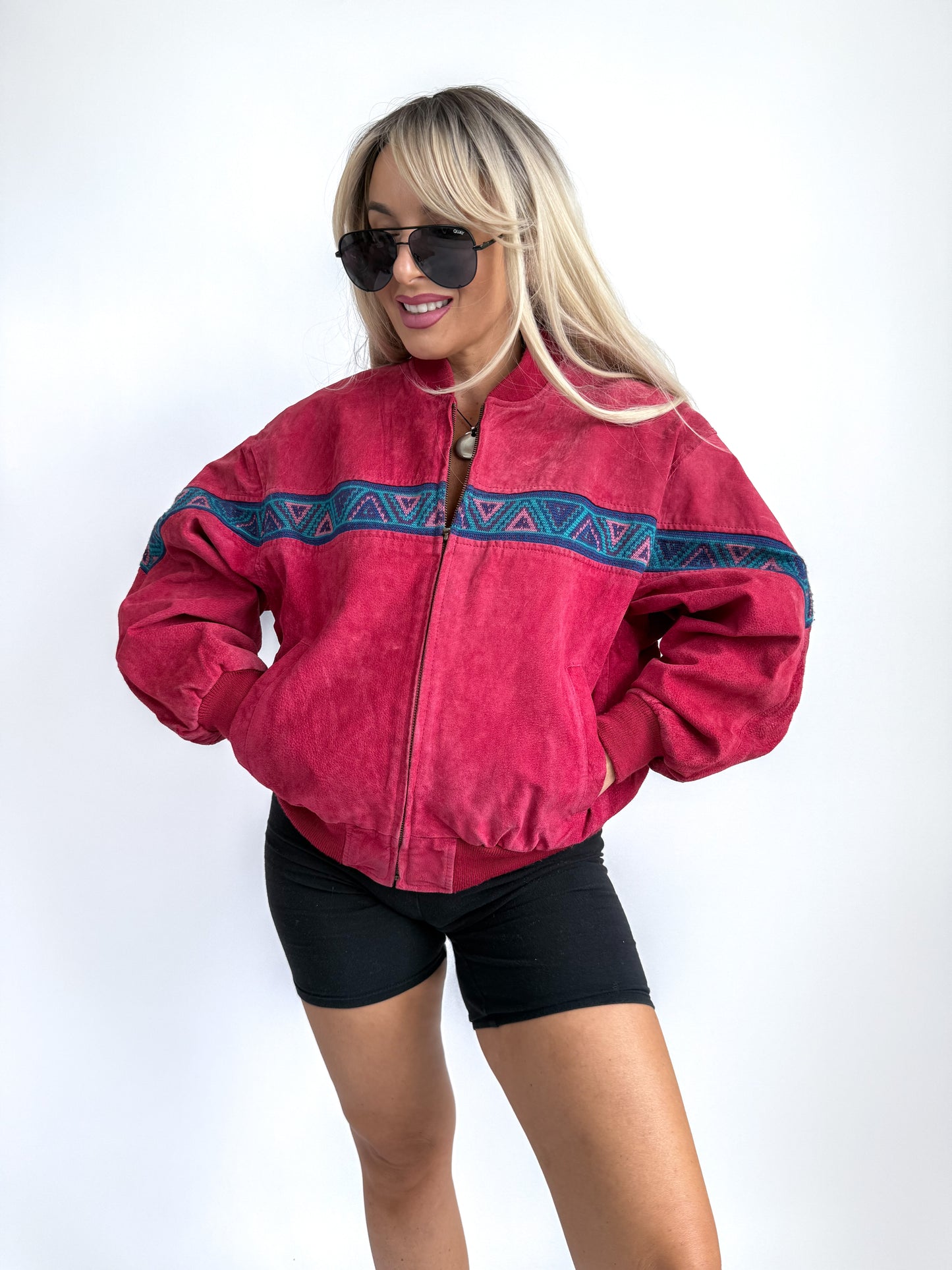 Vintage Red Suede Bomber Jacket – Aztec Tribal Navajo Print Y2K Streetwear XS-S