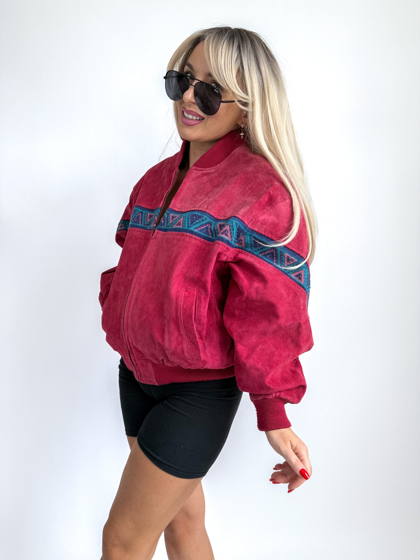 Vintage Red Suede Bomber Jacket – Aztec Tribal Navajo Print Y2K Streetwear XS-S