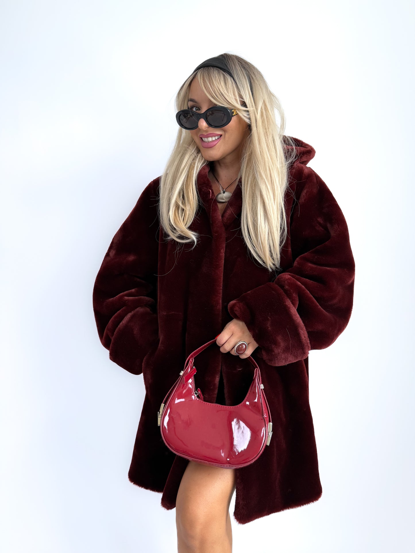 Vintage Burgundy Faux Fur Hooded Winter Coat – 90s Y2K Style Jacket S-L