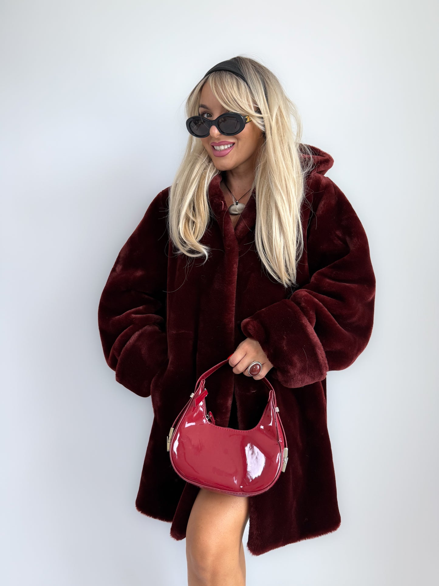 Vintage Burgundy Faux Fur Hooded Winter Coat – 90s Y2K Style Jacket S-L