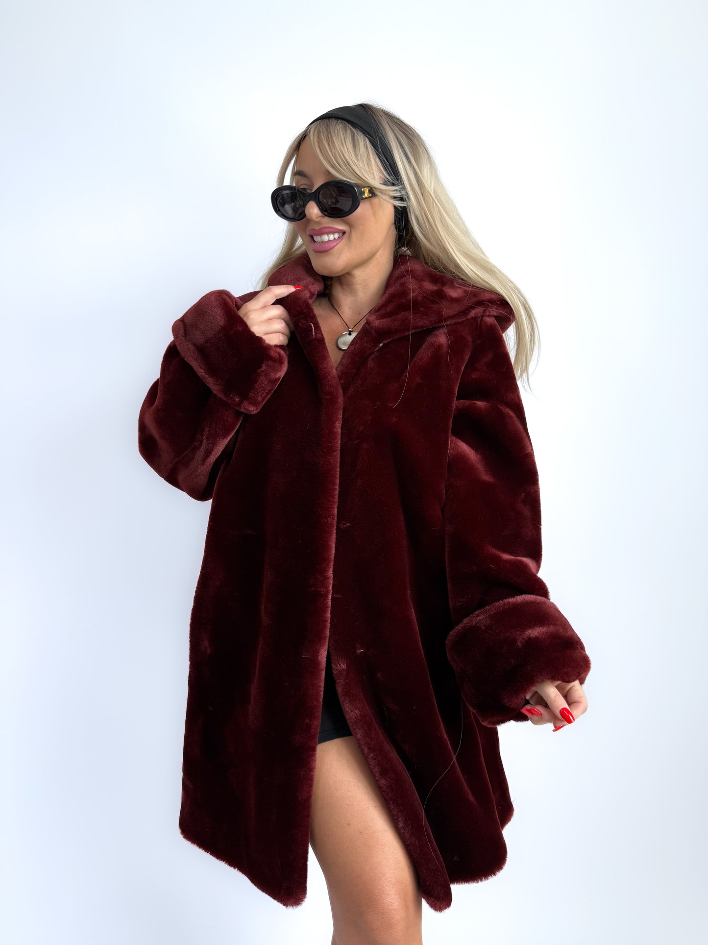 Vintage Burgundy Faux Fur Hooded Winter Coat – 90s Y2K Style Jacket S-L