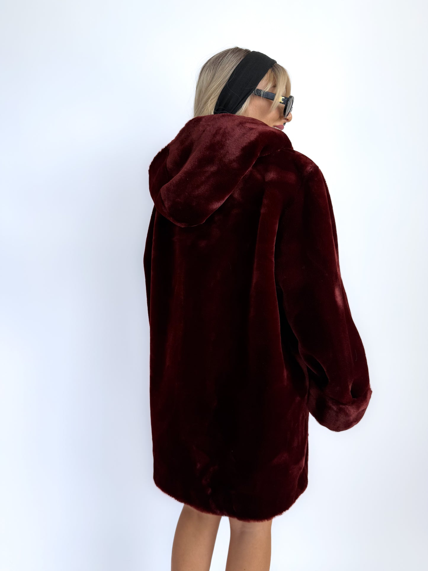 Vintage Burgundy Faux Fur Hooded Winter Coat – 90s Y2K Style Jacket S-L