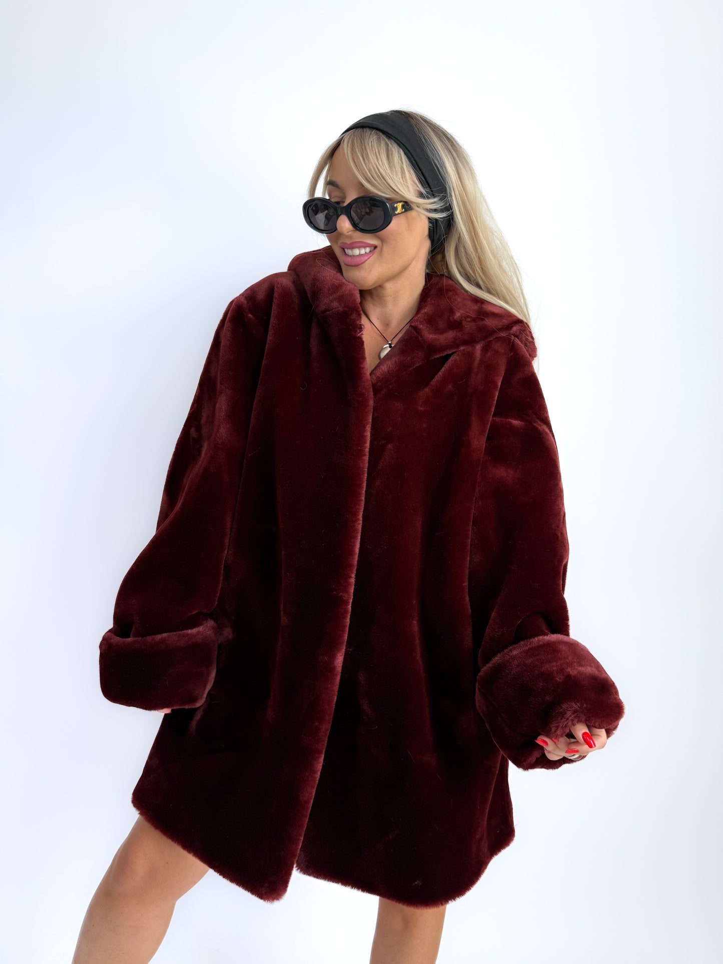 Vintage Burgundy Faux Fur Hooded Winter Coat – 90s Y2K Style Jacket S-L
