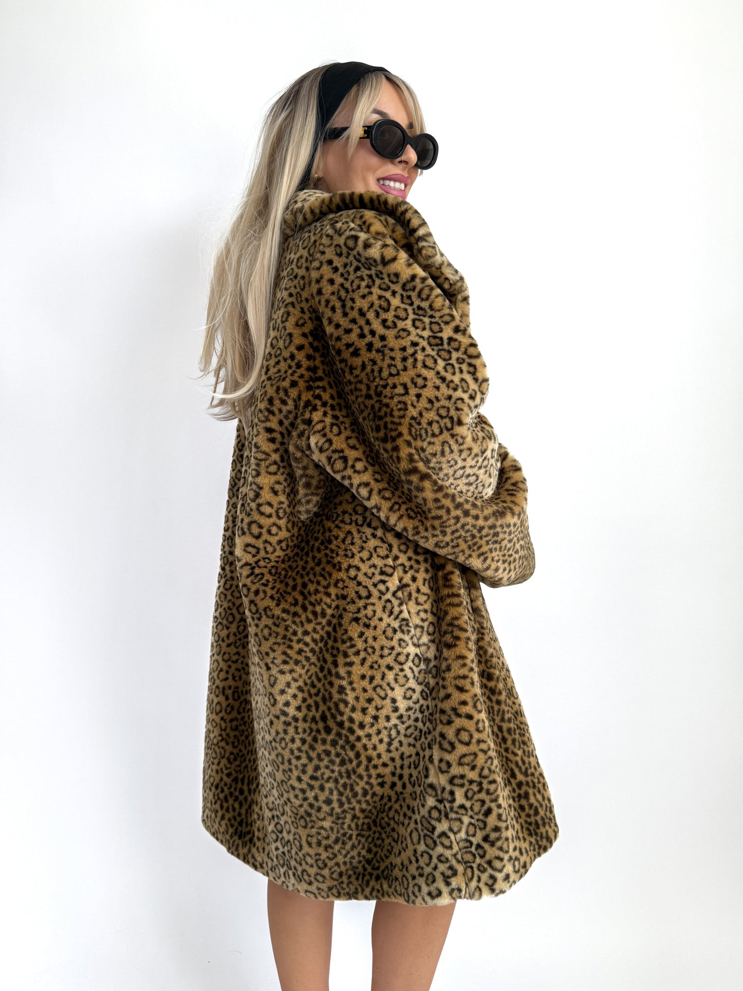 Leopard Print Faux Fur Coat – Vintage 90s Y2K Cheetah Statement Winter Jacket L–XXL