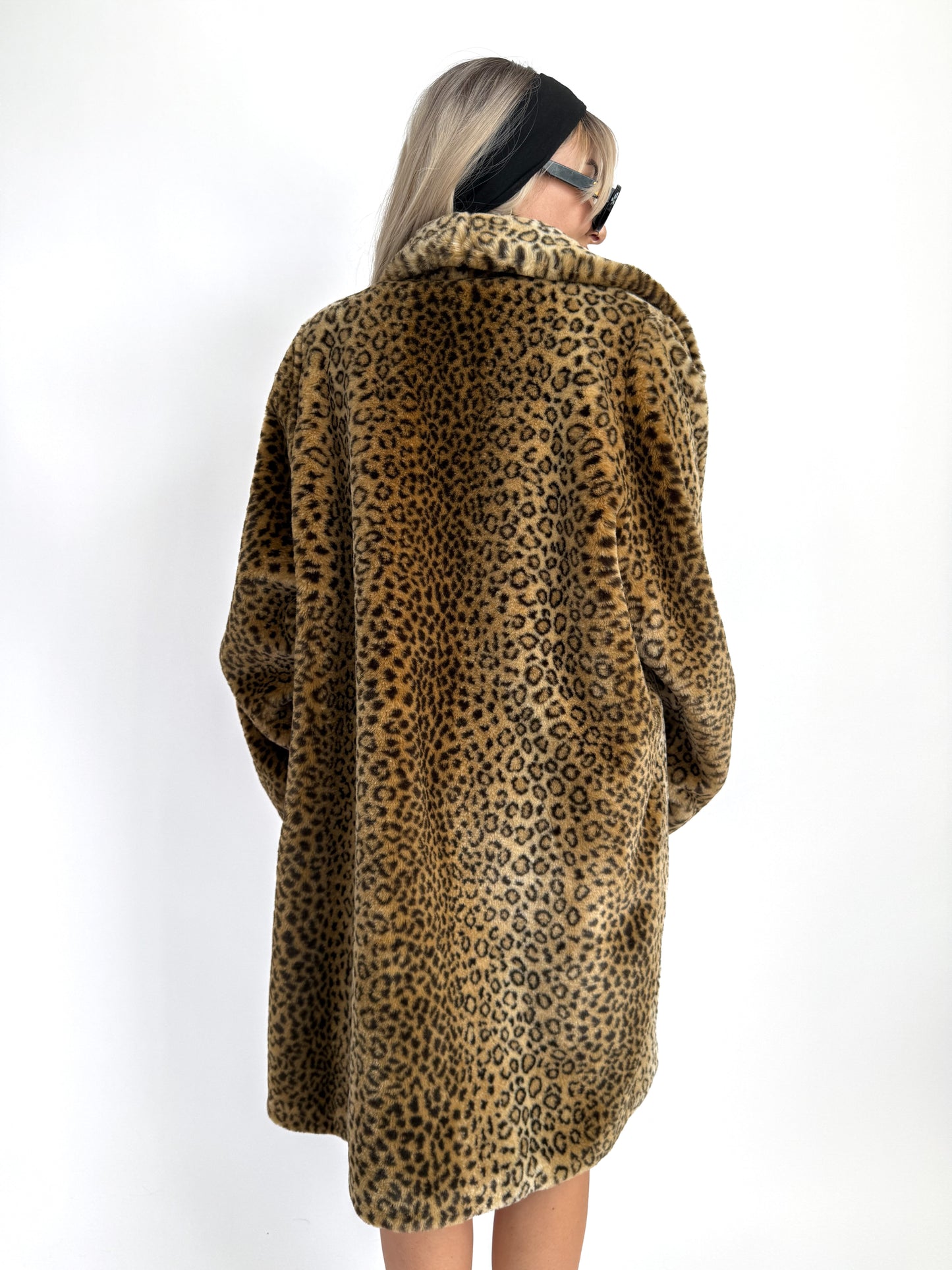 Leopard Print Faux Fur Coat – Vintage 90s Y2K Cheetah Statement Winter Jacket L–XXL