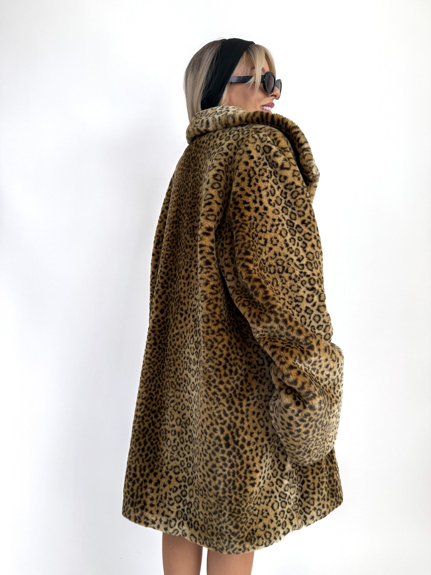 Leopard Print Faux Fur Coat – Vintage 90s Y2K Cheetah Statement Winter Jacket L–XXL