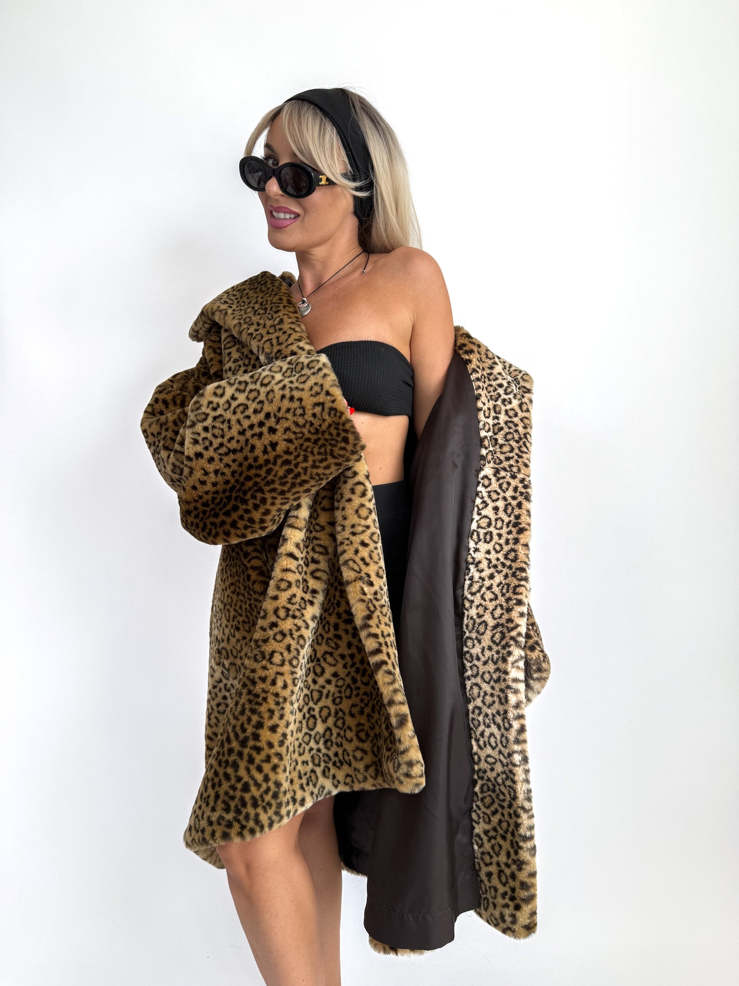 Leopard Print Faux Fur Coat – Vintage 90s Y2K Cheetah Statement Winter Jacket L–XXL