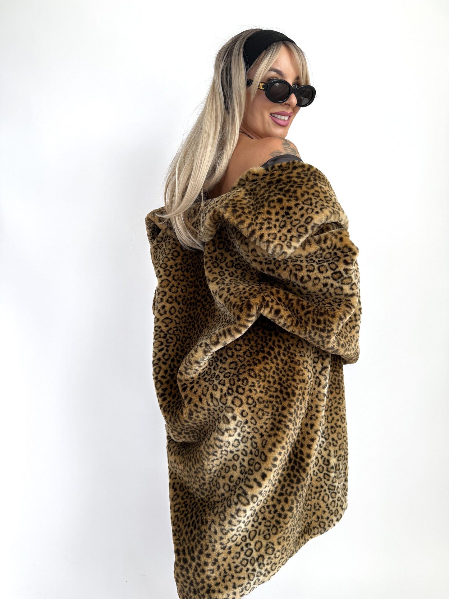 Leopard Print Faux Fur Coat – Vintage 90s Y2K Cheetah Statement Winter Jacket L–XXL