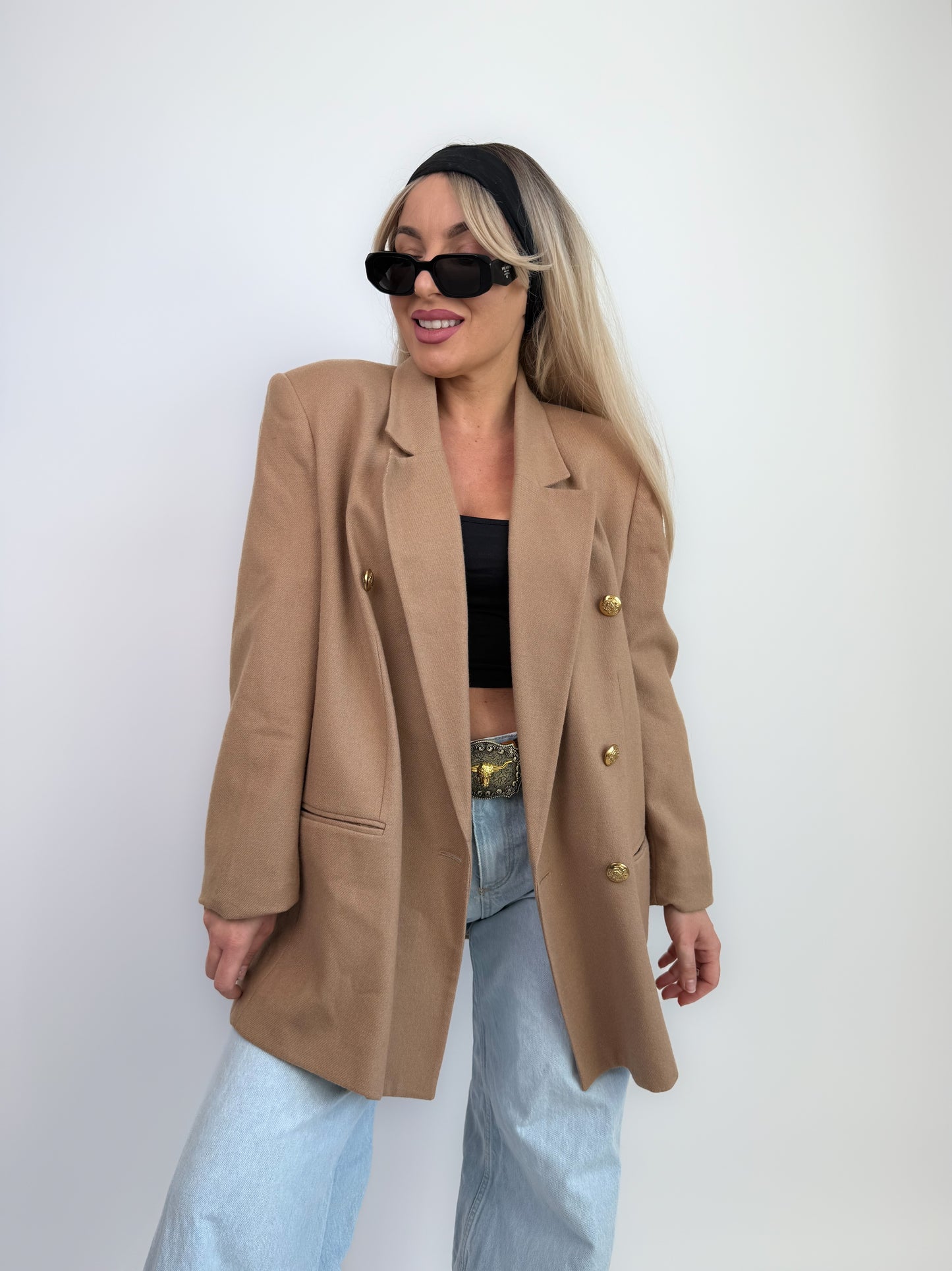 Vintage Oversized Tan Double Breasted Tan Beige Wool Blazer Jacket S-M