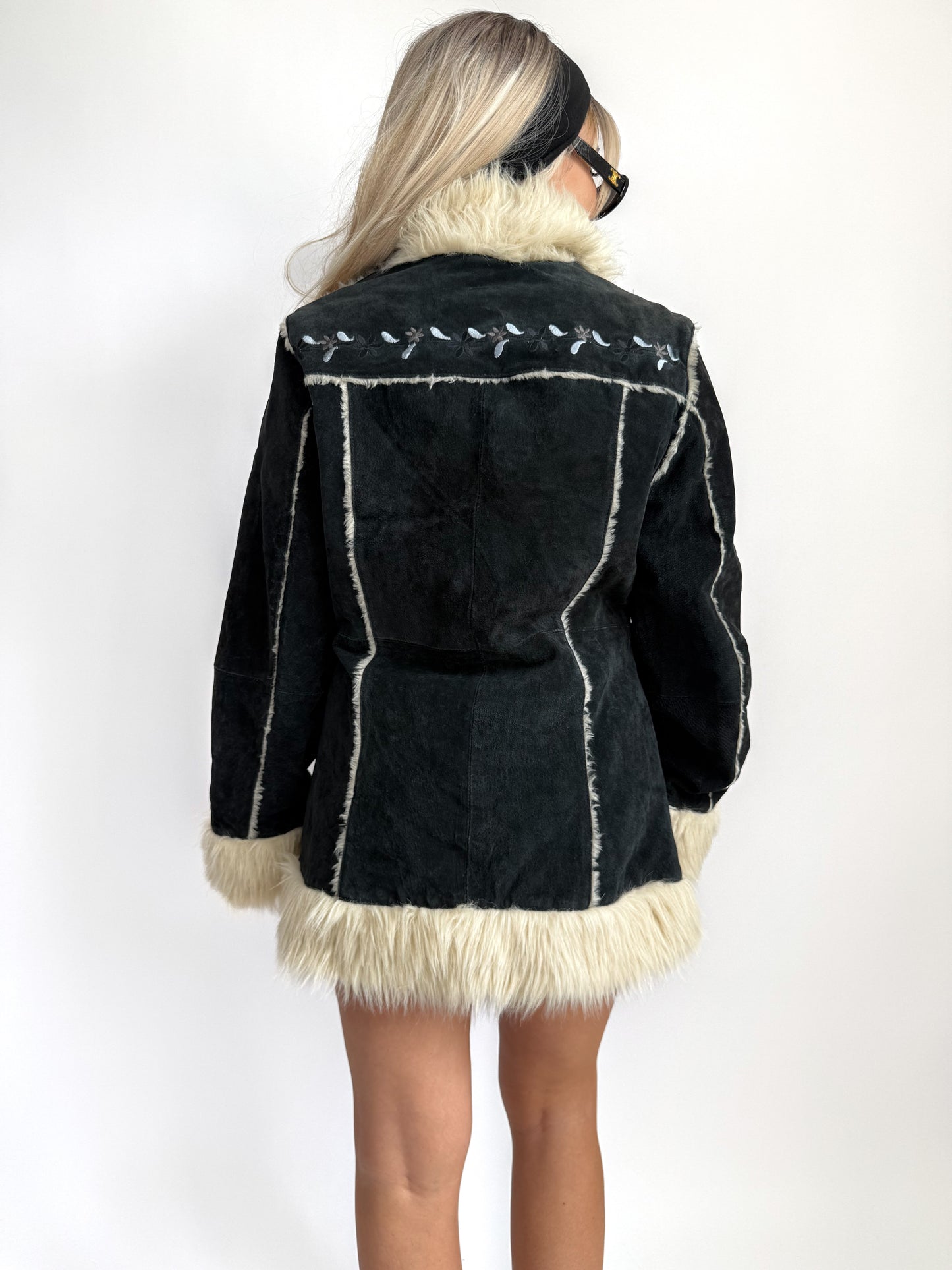 Vintage Afghan Coat – Navy Suede Leather Penny Lane Jacket with Faux Fur Trim & Floral Embroidery XS-S