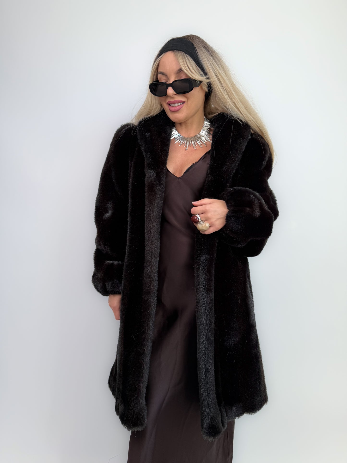 Vintage Dark Brown Faux Fur Coat Mid Length Winter Jacket S-M