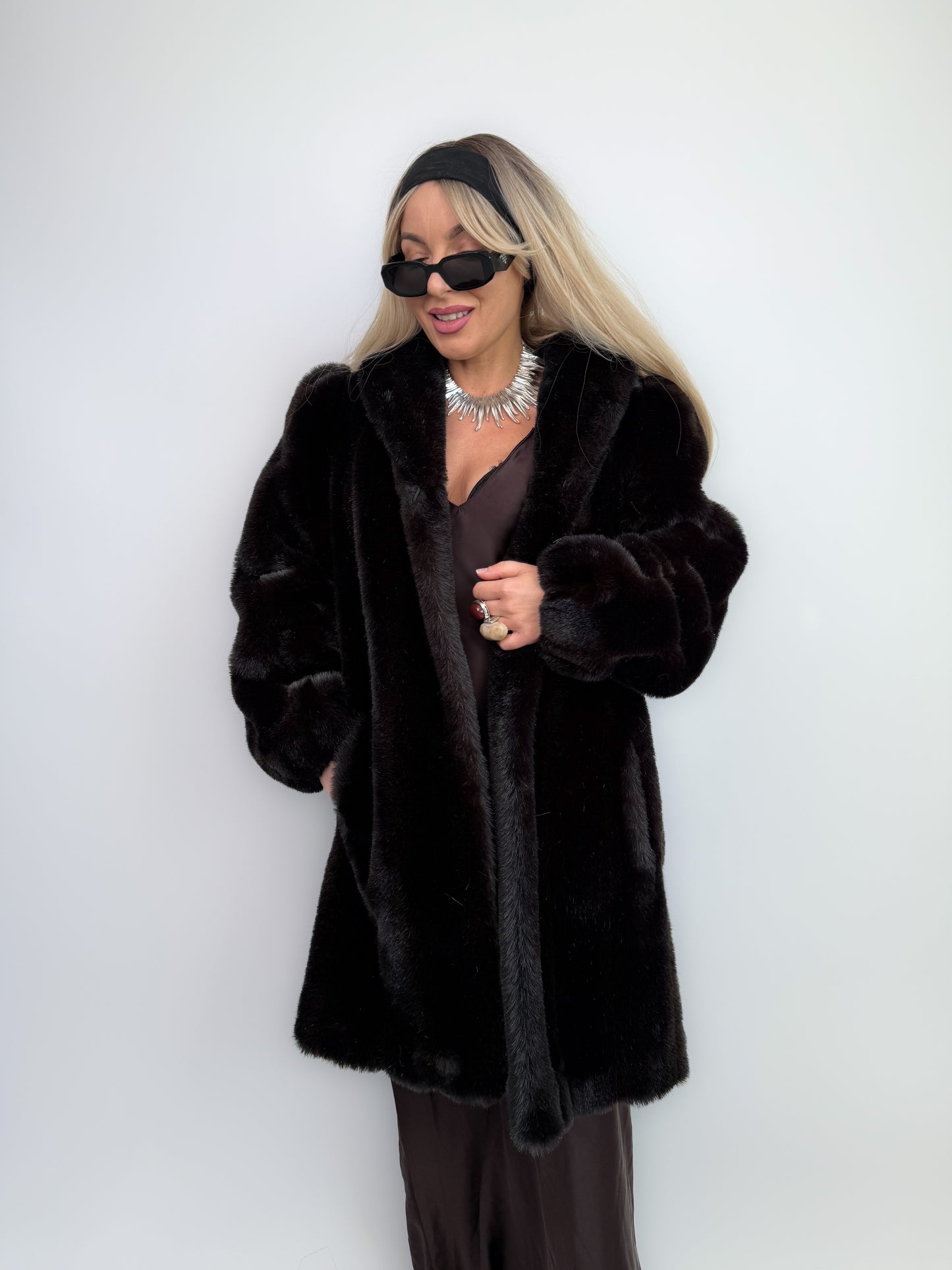 Vintage Dark Brown Faux Fur Coat Mid Length Winter Jacket S-M
