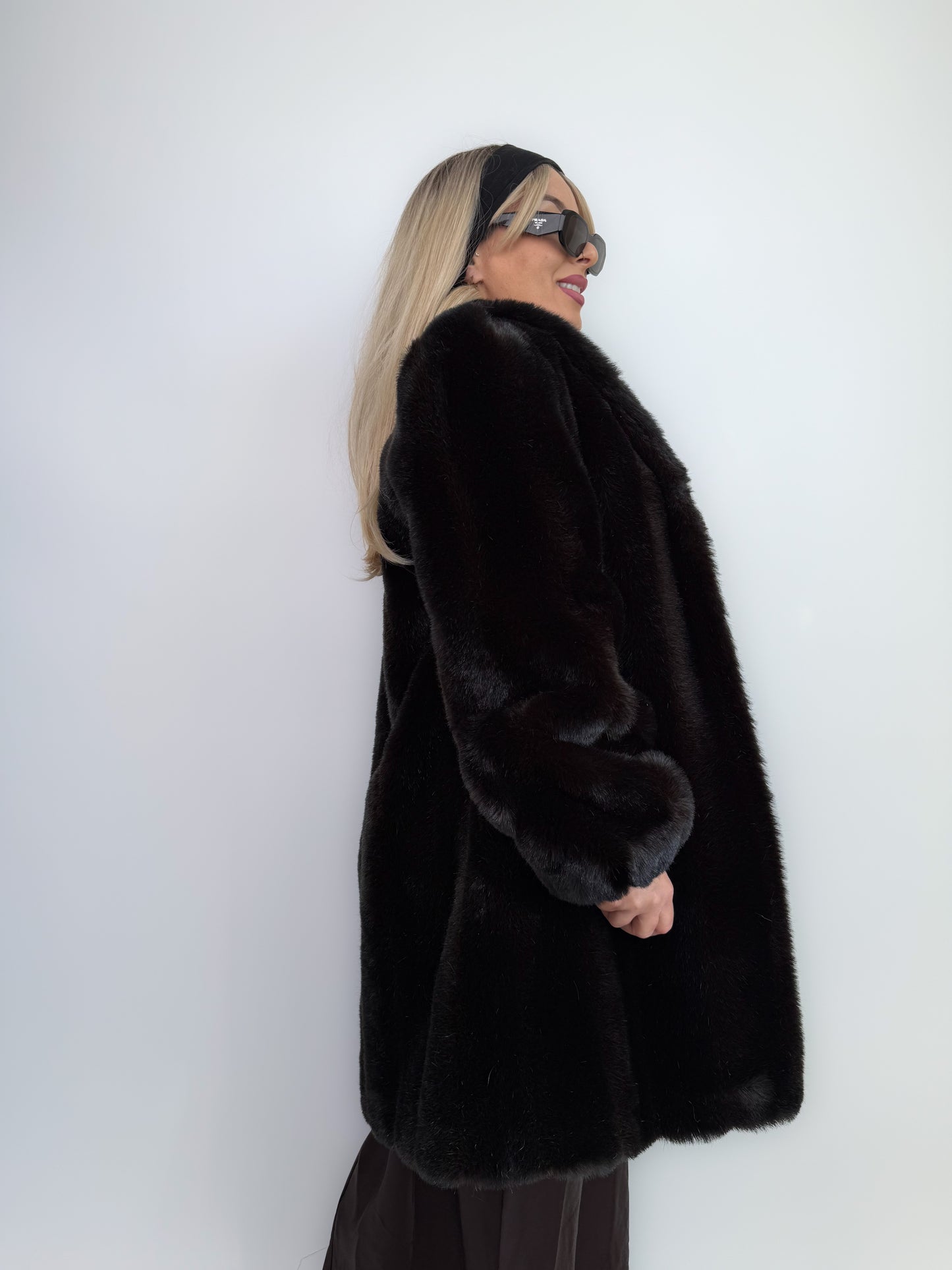 Vintage Dark Brown Faux Fur Coat Mid Length Winter Jacket S-M