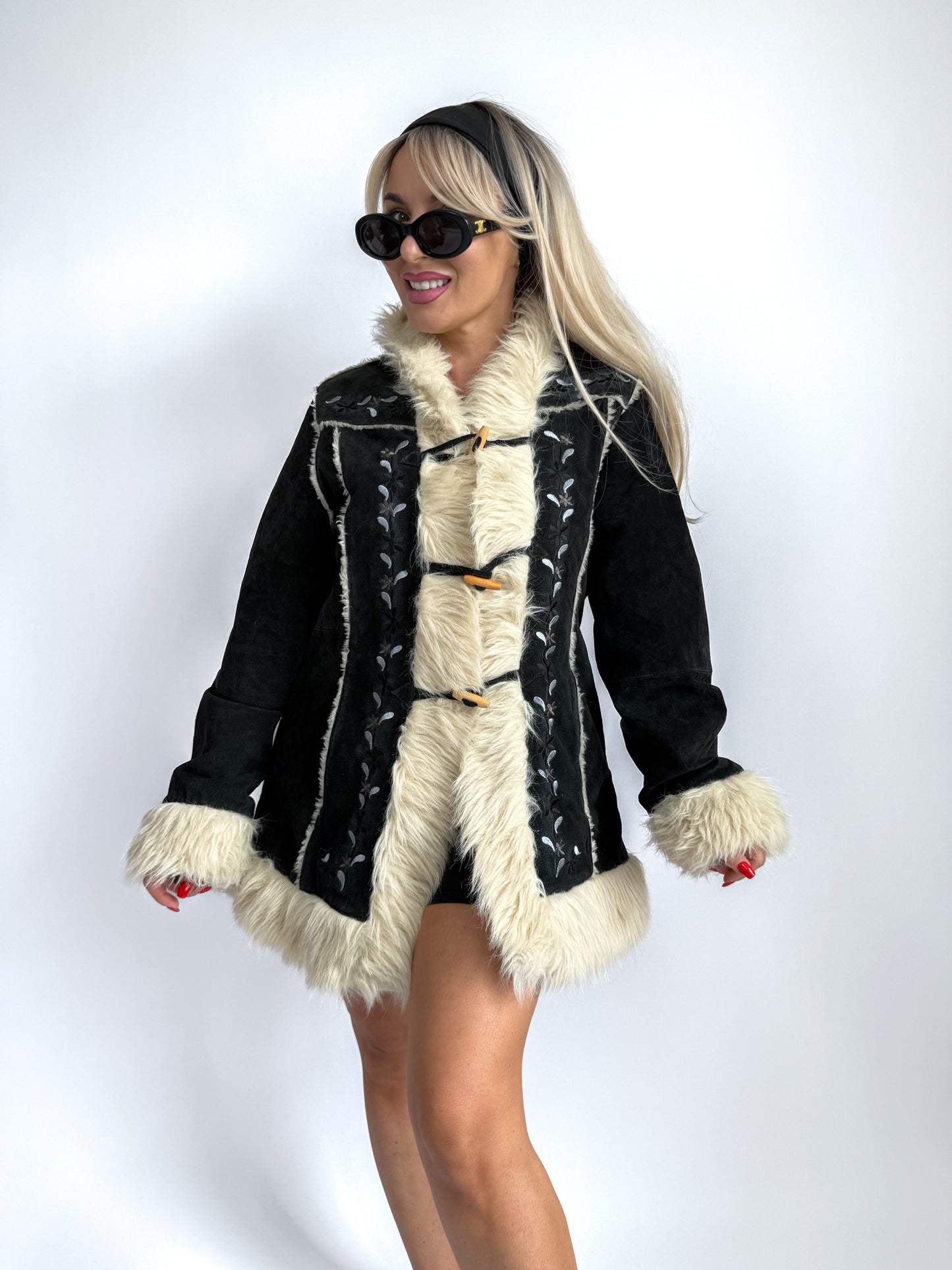 Vintage Afghan Coat – Navy Suede Leather Penny Lane Jacket with Faux Fur Trim & Floral Embroidery XS-S