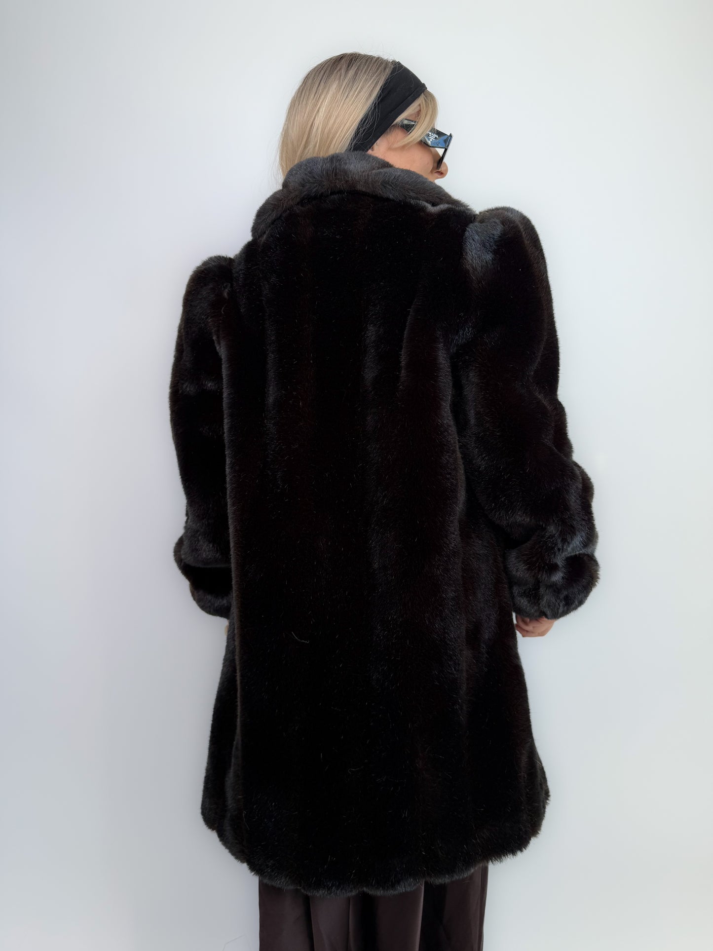 Vintage Dark Brown Faux Fur Coat Mid Length Winter Jacket S-M