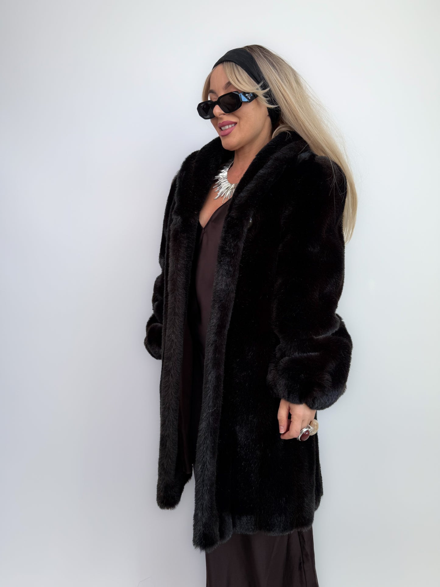 Vintage Dark Brown Faux Fur Coat Mid Length Winter Jacket S-M