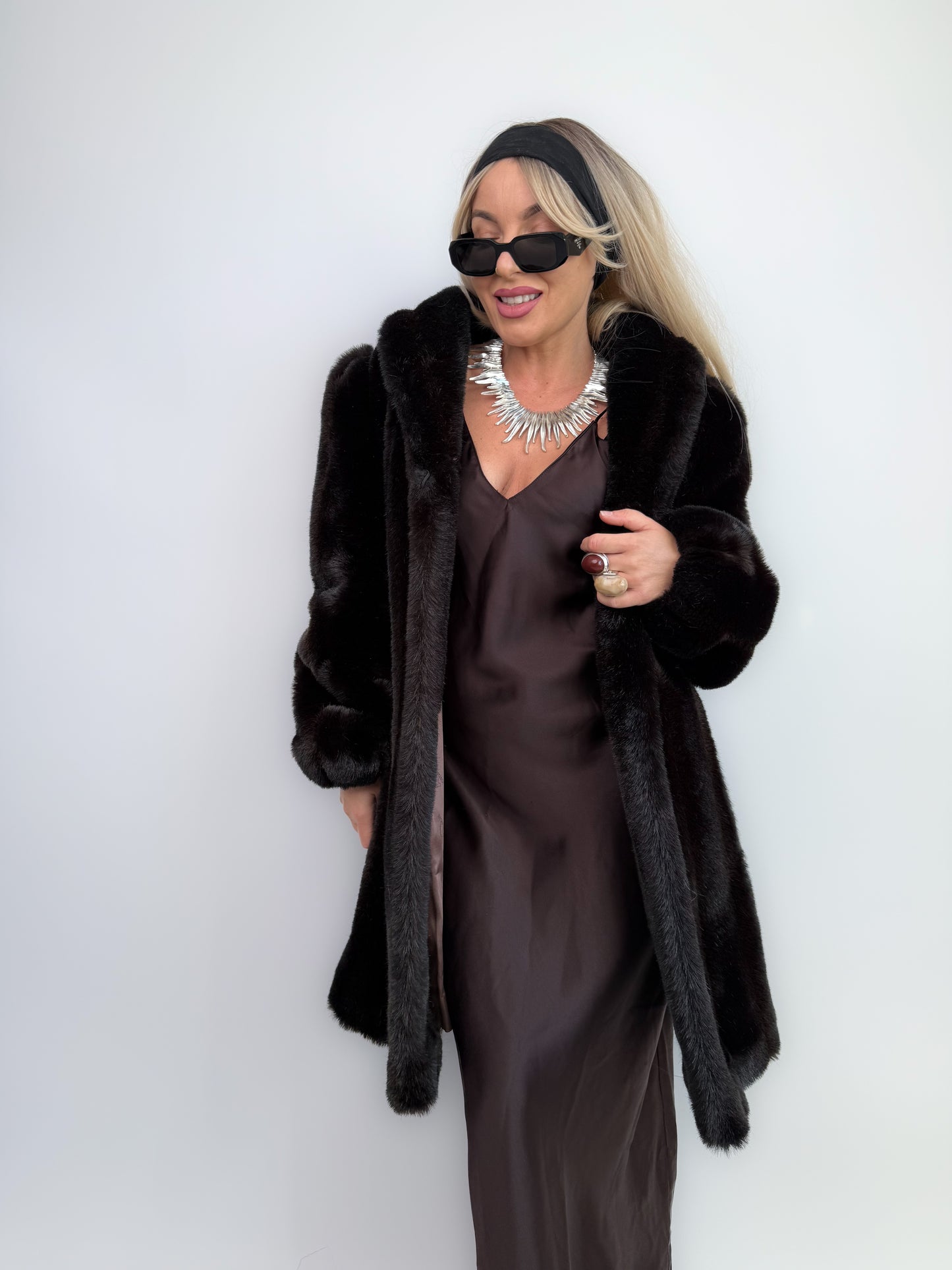 Vintage Dark Brown Faux Fur Coat Mid Length Winter Jacket S-M