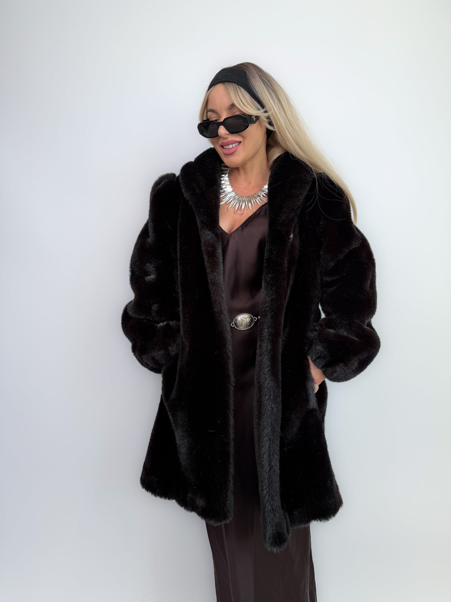 Vintage Dark Brown Faux Fur Coat Mid Length Winter Jacket S-M