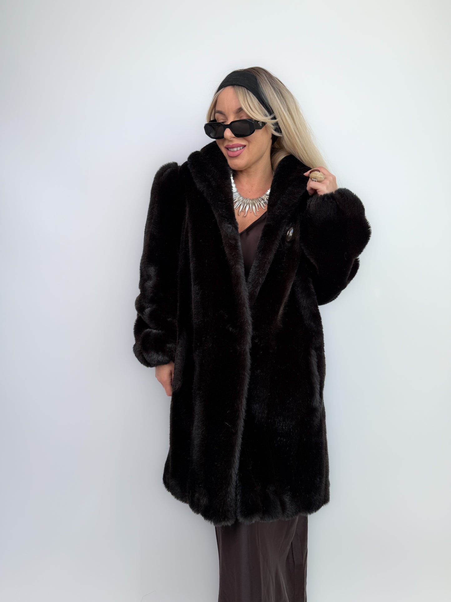Vintage Dark Brown Faux Fur Coat Mid Length Winter Jacket S-M