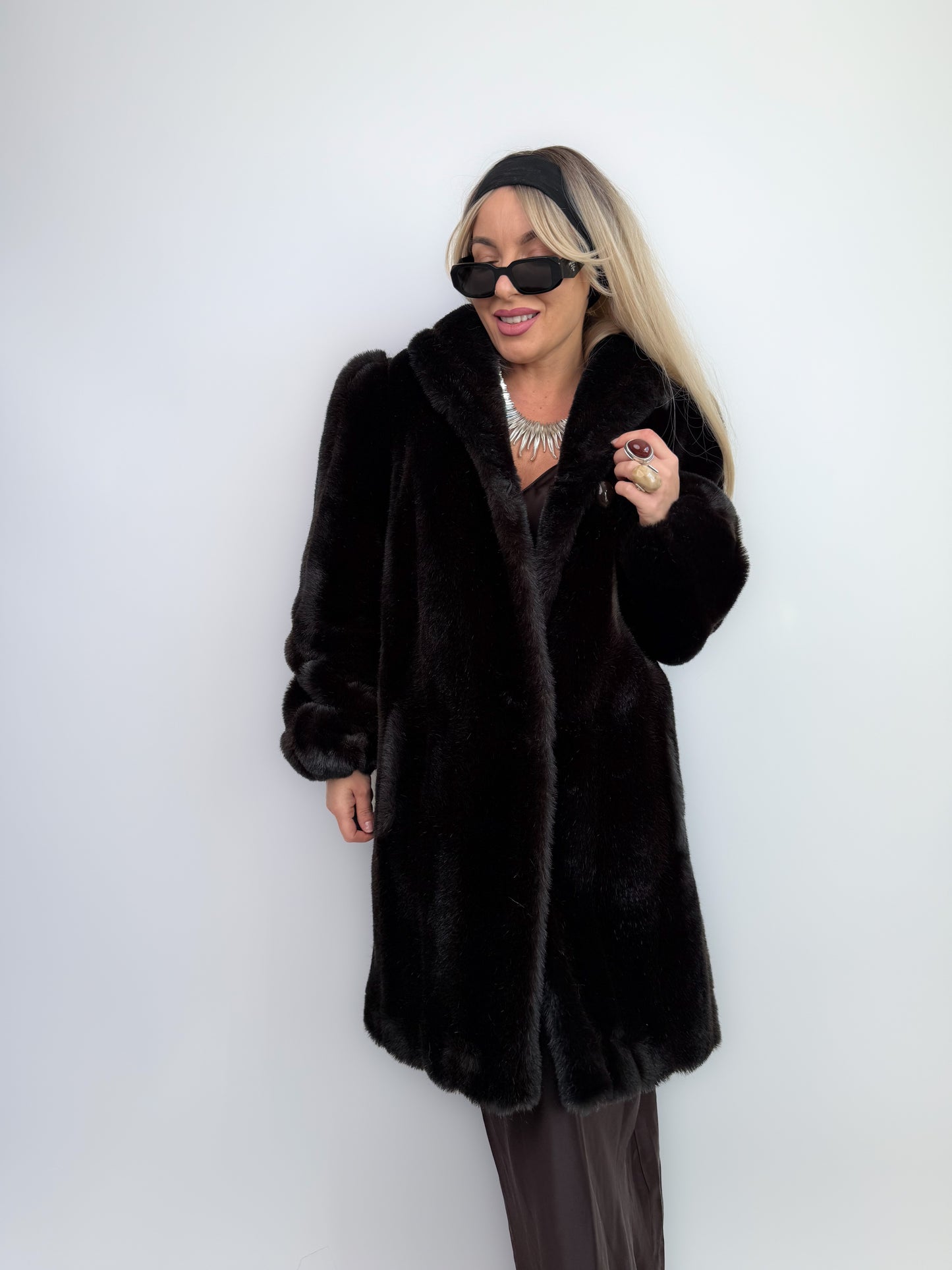 Vintage Dark Brown Faux Fur Coat Mid Length Winter Jacket S-M