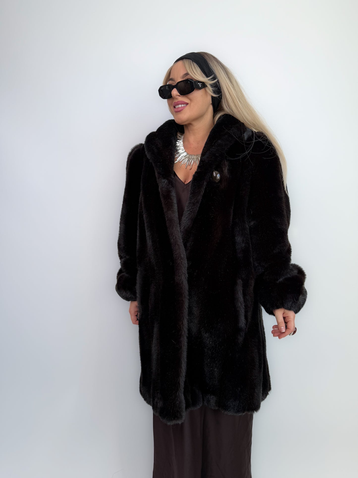 Vintage Dark Brown Faux Fur Coat Mid Length Winter Jacket S-M