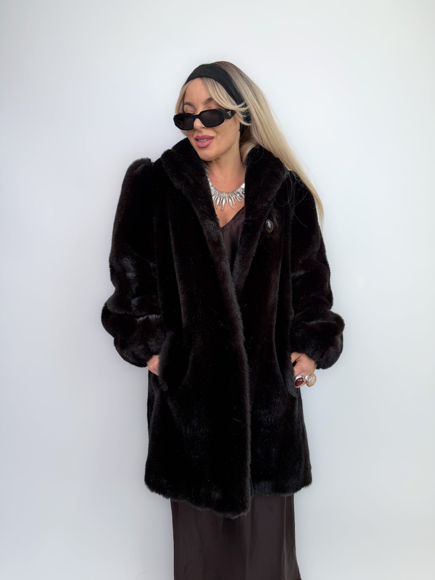 Vintage Dark Brown Faux Fur Coat Mid Length Winter Jacket S-M