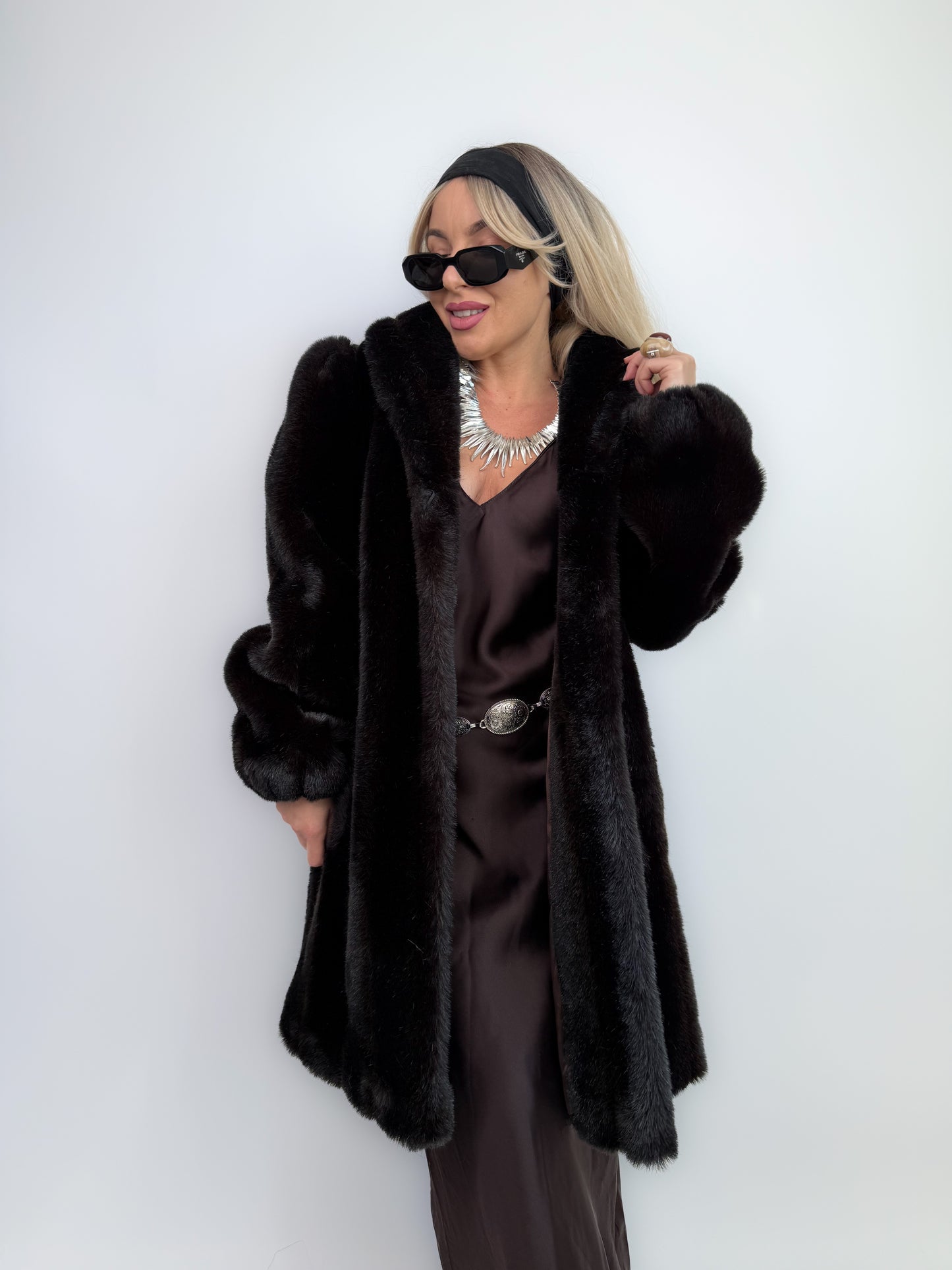 Vintage Dark Brown Faux Fur Coat Mid Length Winter Jacket S-M