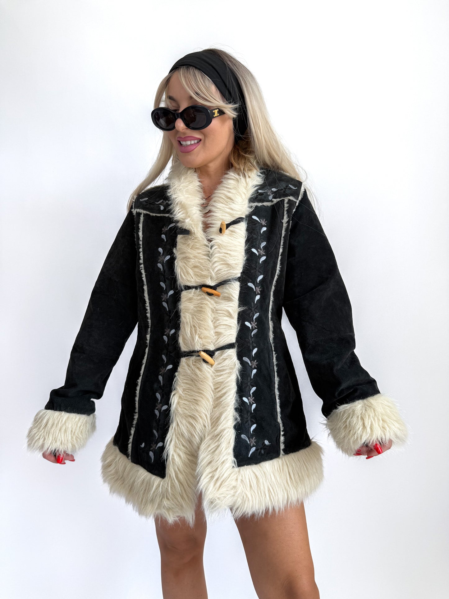 Vintage Afghan Coat – Navy Suede Leather Penny Lane Jacket with Faux Fur Trim & Floral Embroidery XS-S