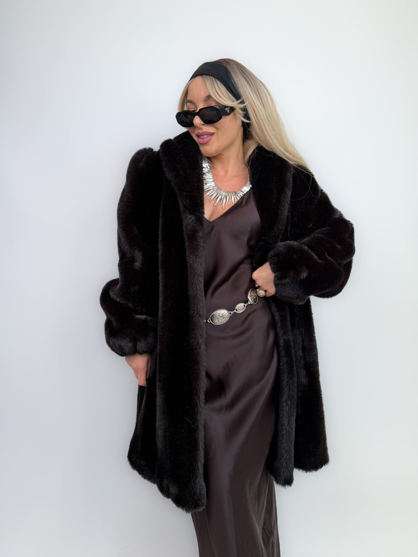 Vintage Dark Brown Faux Fur Coat Mid Length Winter Jacket S-M