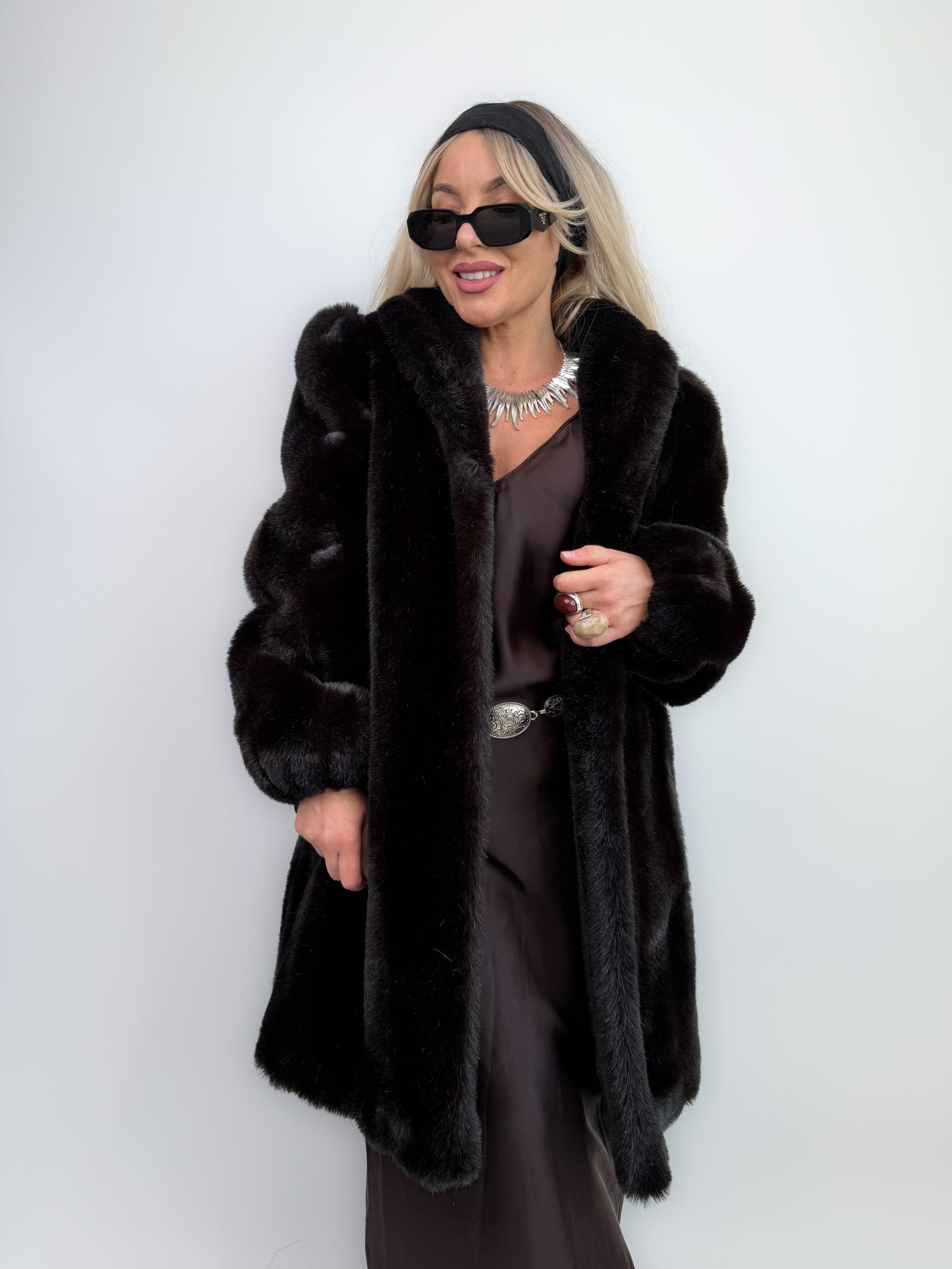 Vintage Dark Brown Faux Fur Coat Mid Length Winter Jacket S-M