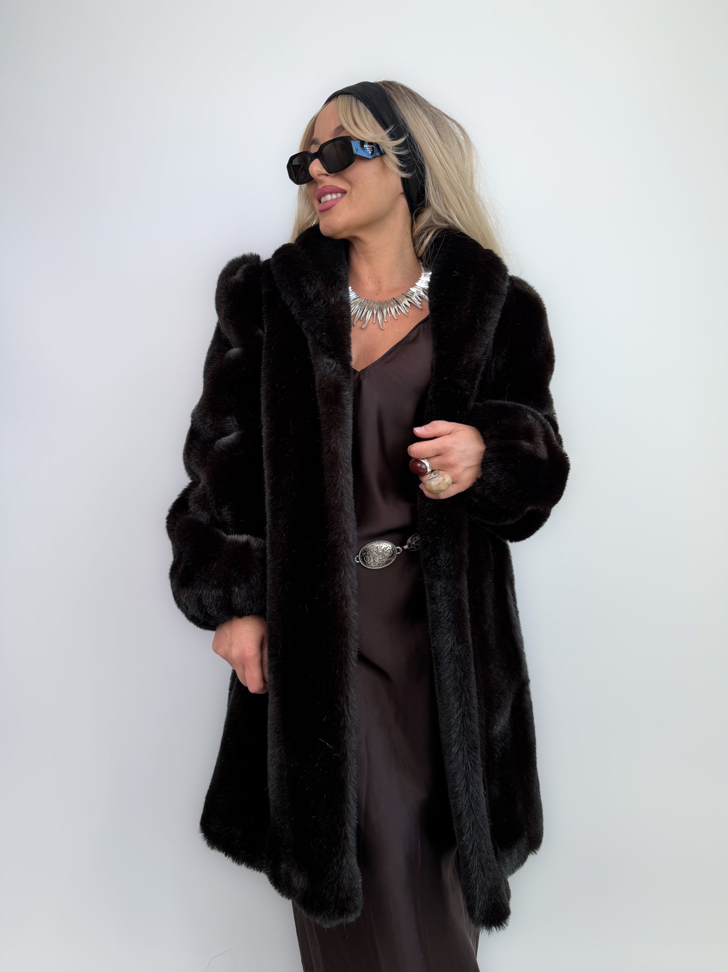 Vintage Dark Brown Faux Fur Coat Mid Length Winter Jacket S-M