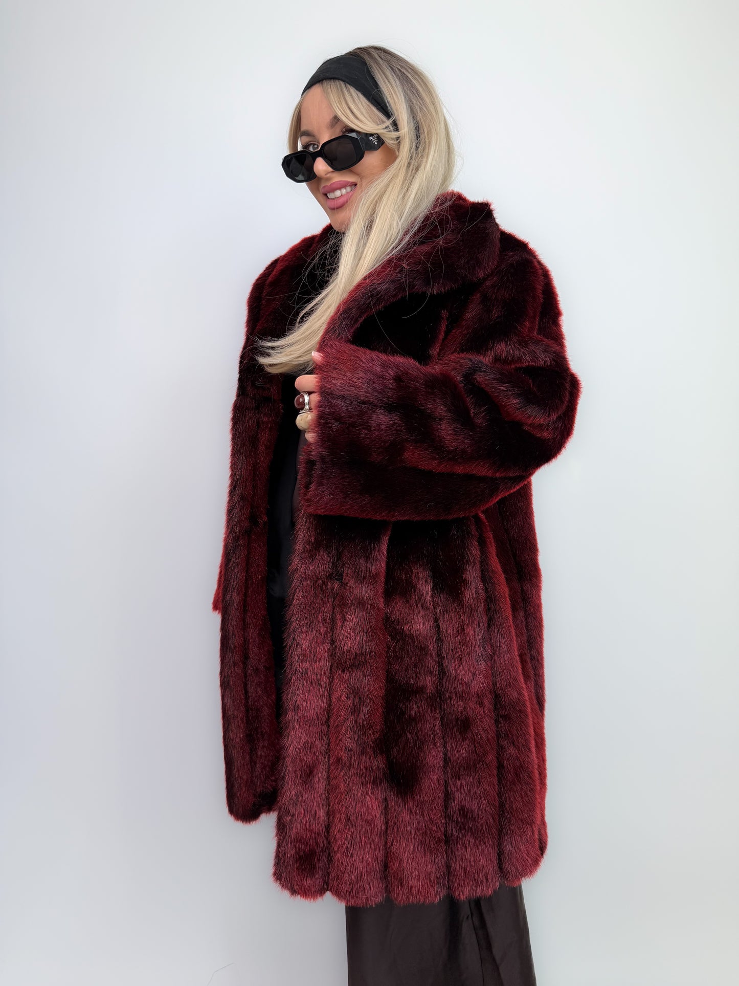 Vintage Burgundy Deep Wine Red Faux Fur Winter Coat M-L