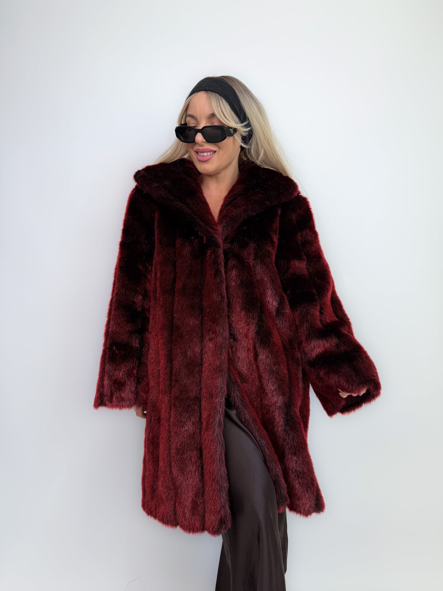 Vintage Burgundy Deep Wine Red Faux Fur Winter Coat M-L