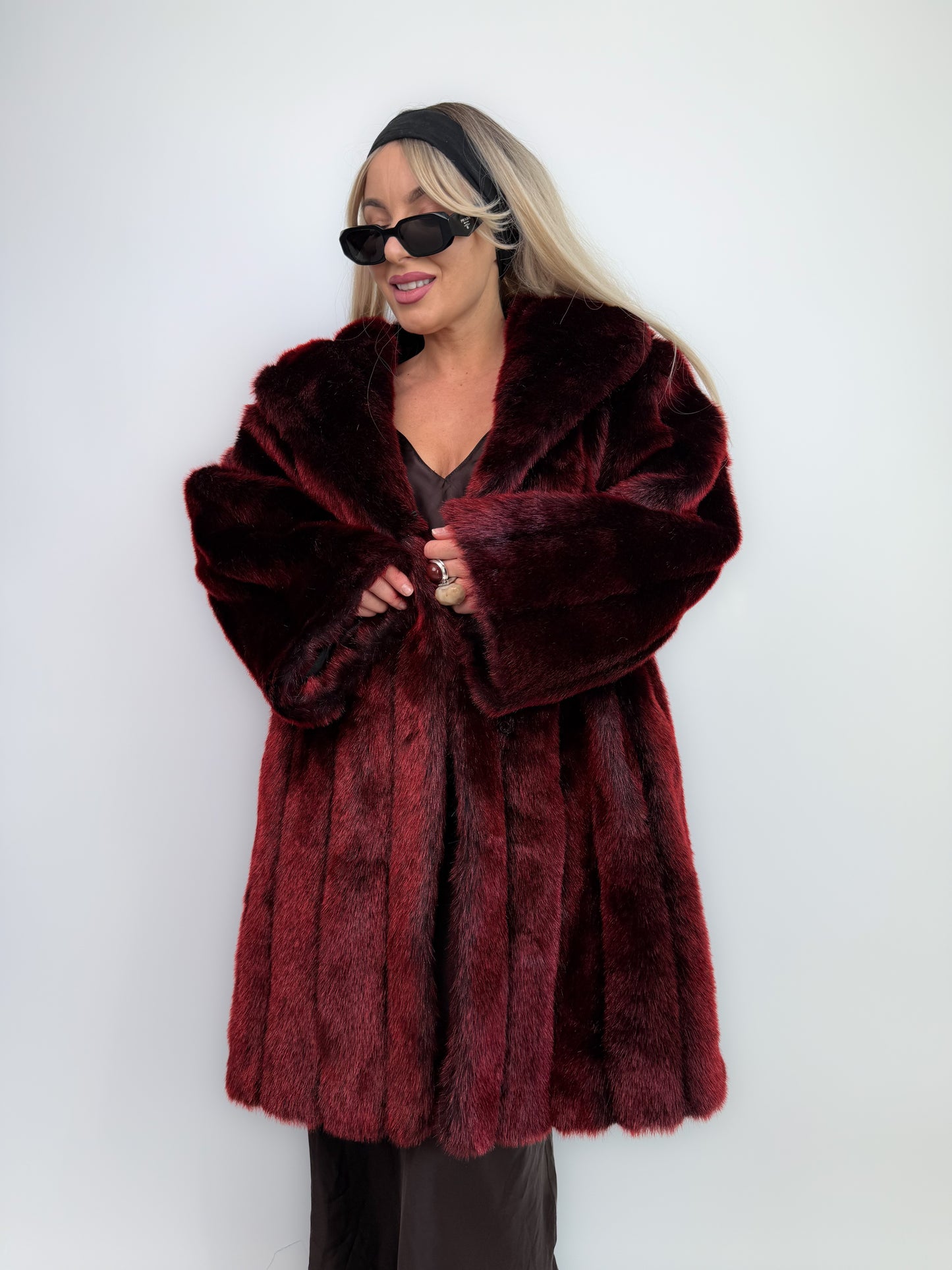 Vintage Burgundy Deep Wine Red Faux Fur Winter Coat M-L