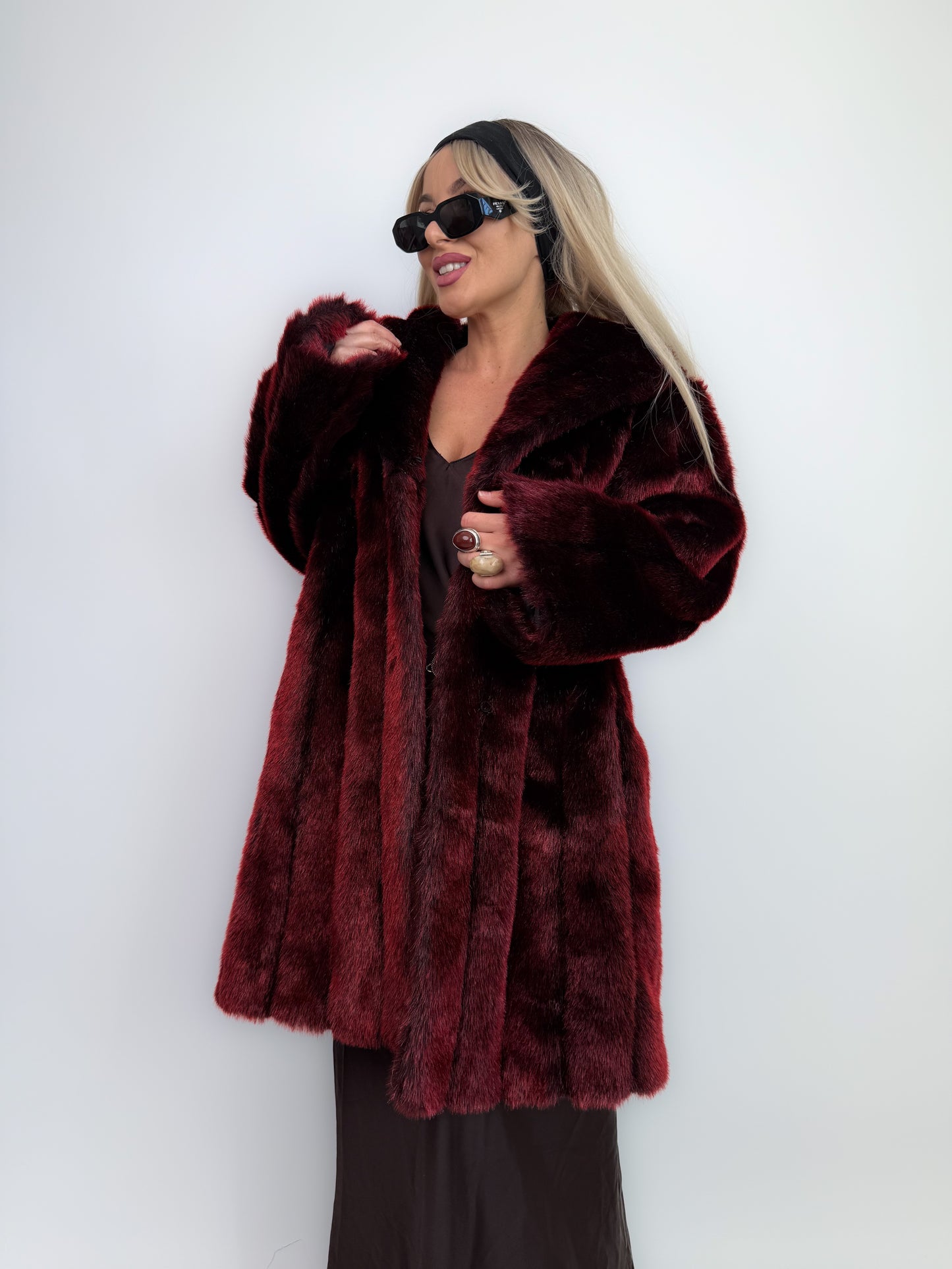 Vintage Burgundy Deep Wine Red Faux Fur Winter Coat M-L