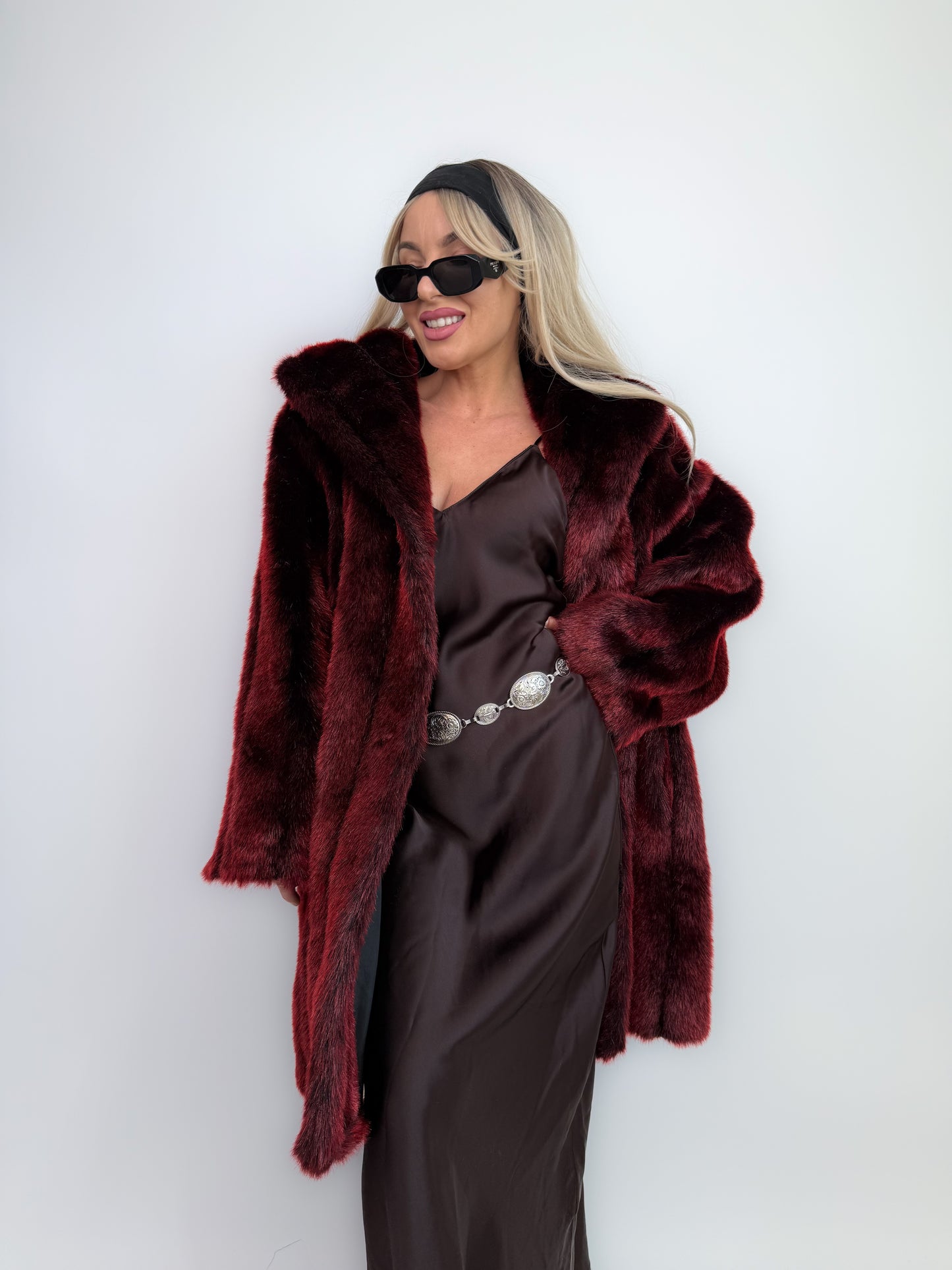 Vintage Burgundy Deep Wine Red Faux Fur Winter Coat M-L