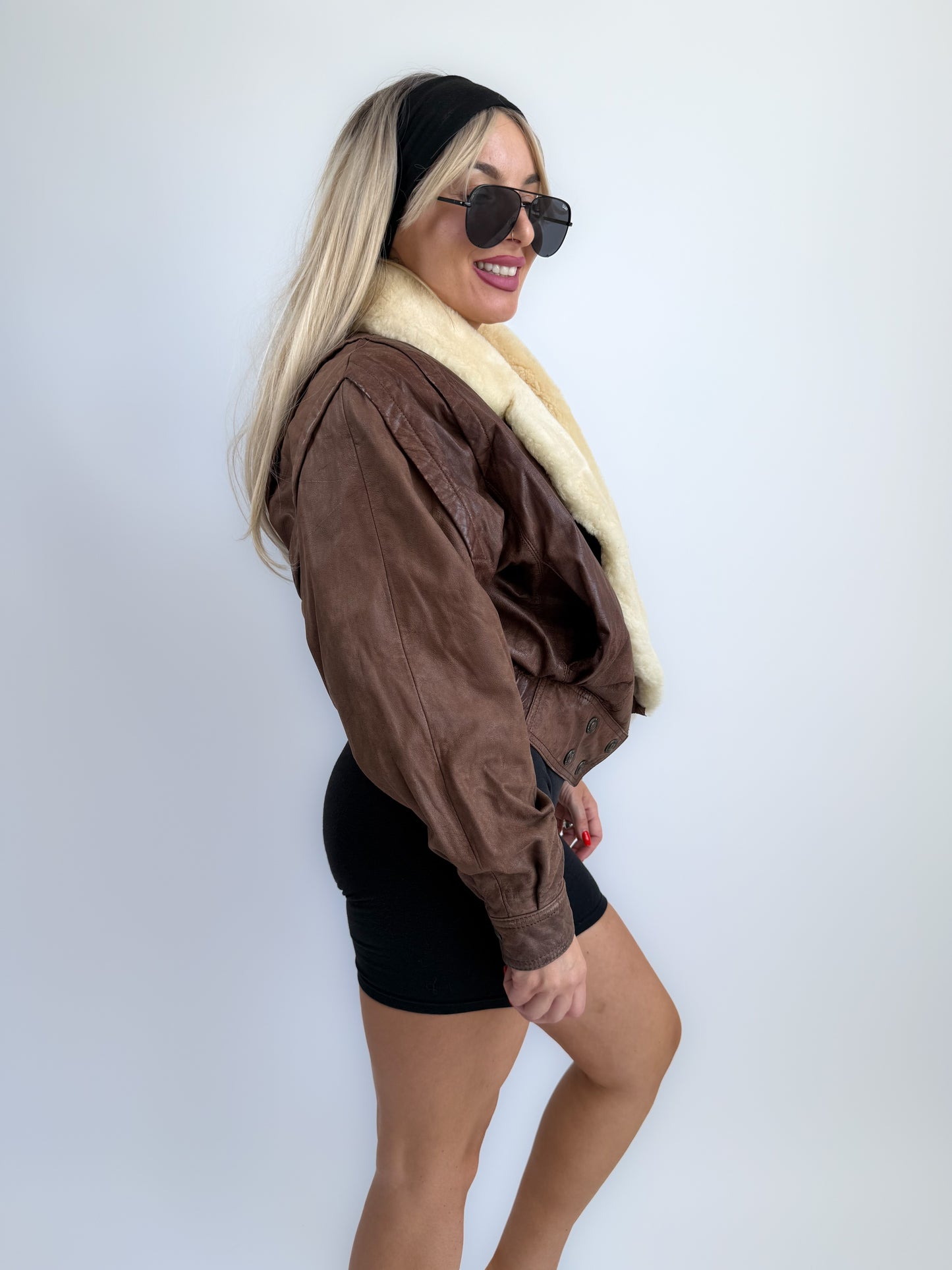 Vintage 90s Brown Leather B3 Bomber Jacket – Shearling Collar & Lining, Pilot Aviation Style, Size S-M