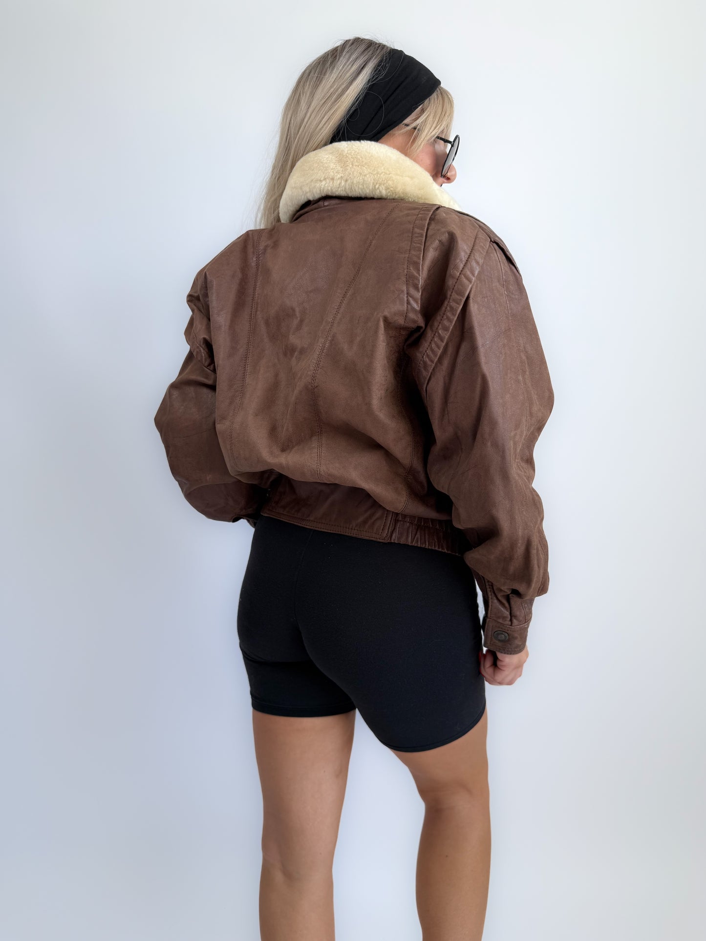 Vintage 90s Brown Leather B3 Bomber Jacket – Shearling Collar & Lining, Pilot Aviation Style, Size S-M
