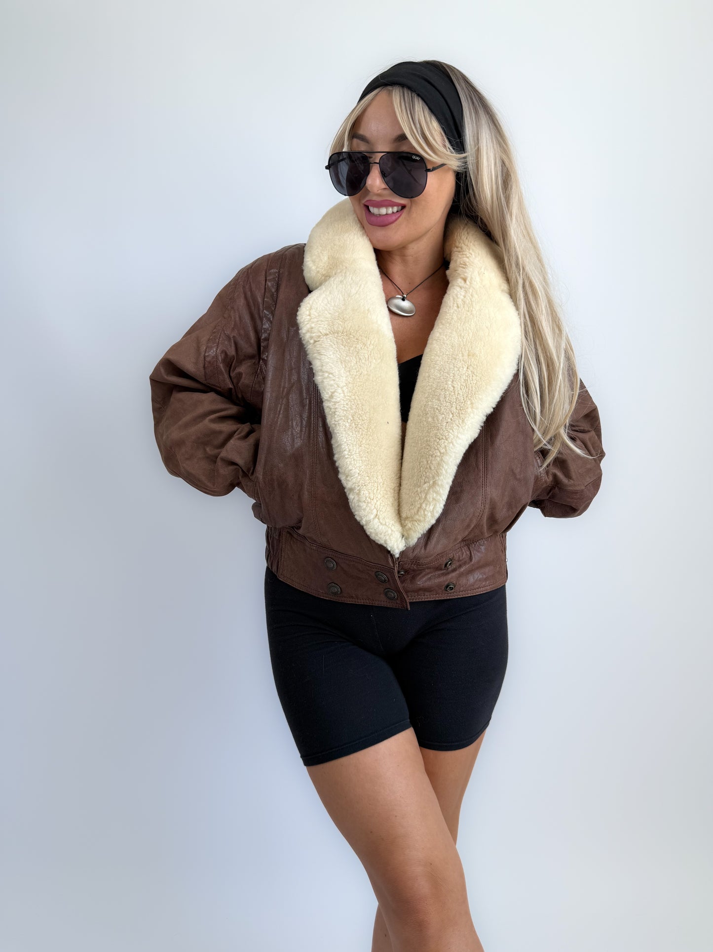 Vintage 90s Brown Leather B3 Bomber Jacket – Shearling Collar & Lining, Pilot Aviation Style, Size S-M