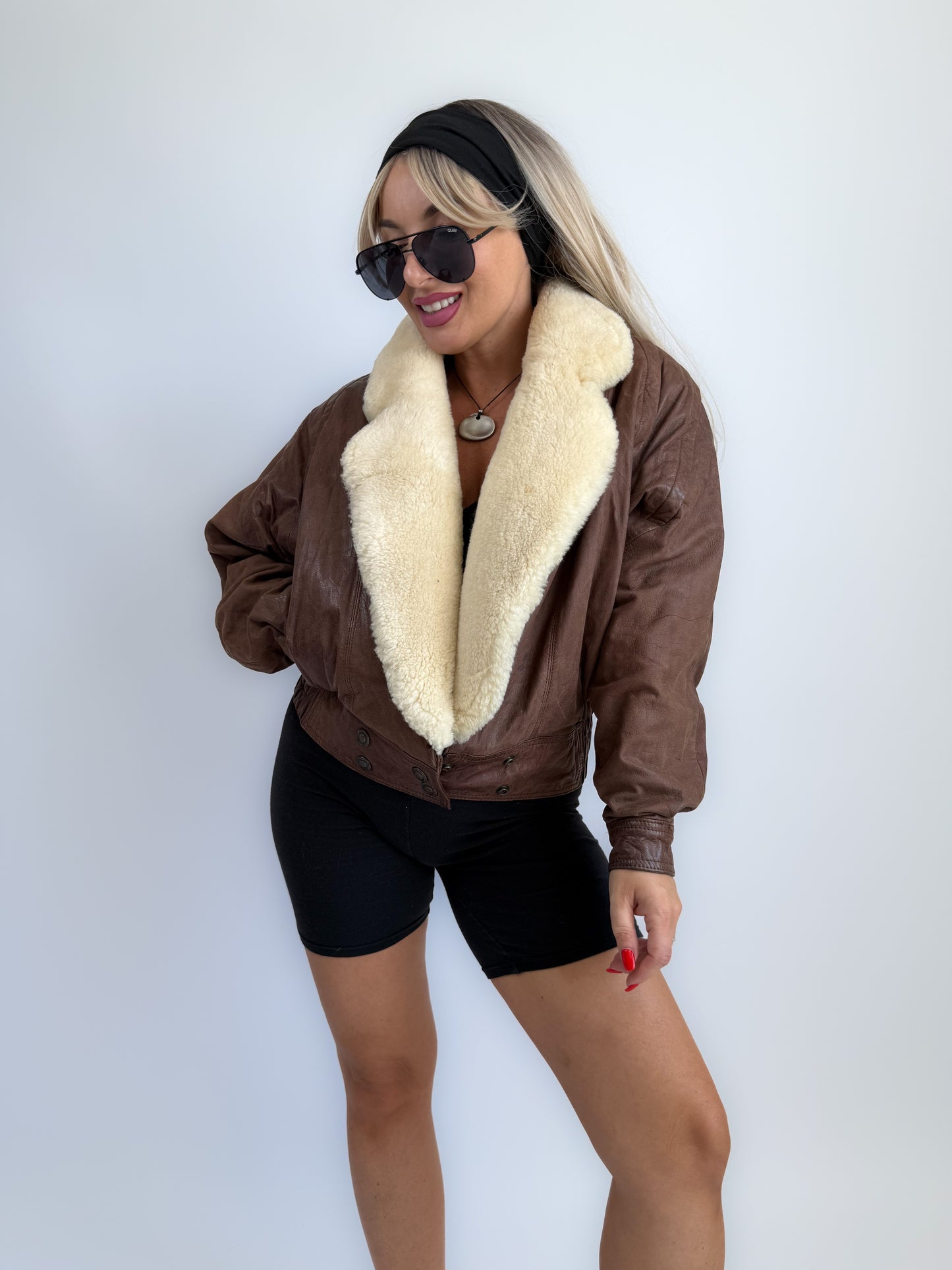 Vintage 90s Brown Leather B3 Bomber Jacket – Shearling Collar & Lining, Pilot Aviation Style, Size S-M