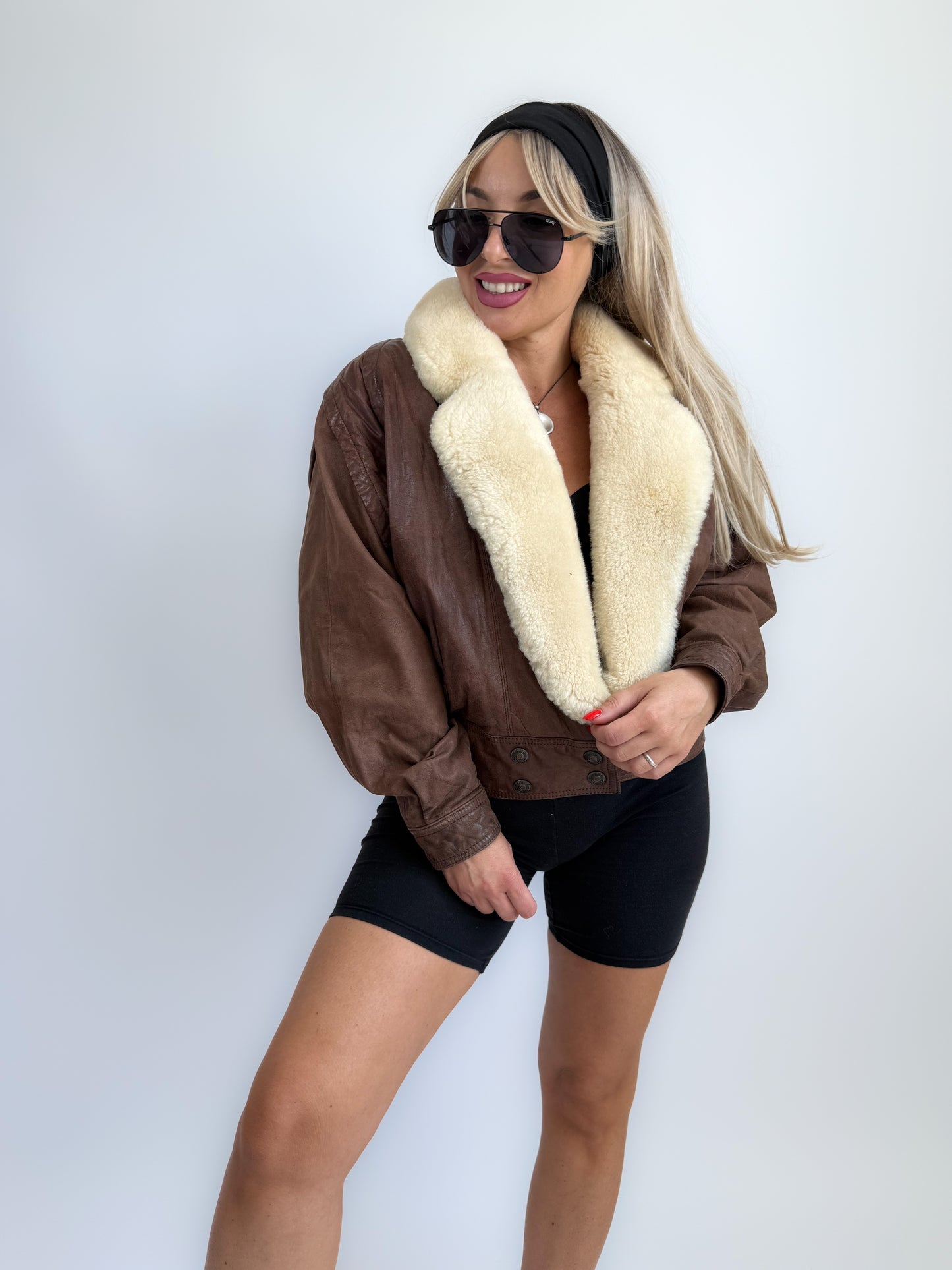 Vintage 90s Brown Leather B3 Bomber Jacket – Shearling Collar & Lining, Pilot Aviation Style, Size S-M