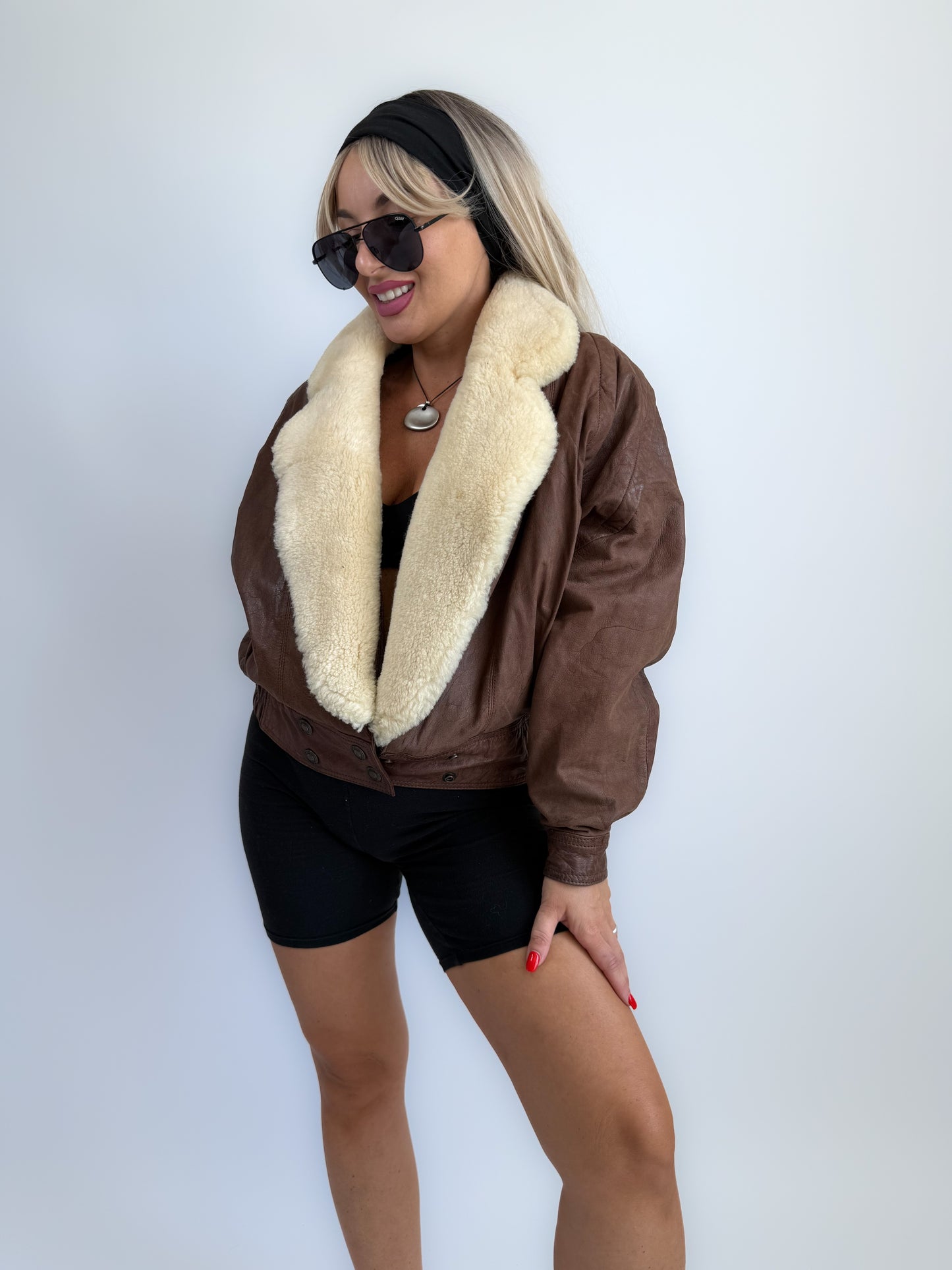 Vintage 90s Brown Leather B3 Bomber Jacket – Shearling Collar & Lining, Pilot Aviation Style, Size S-M