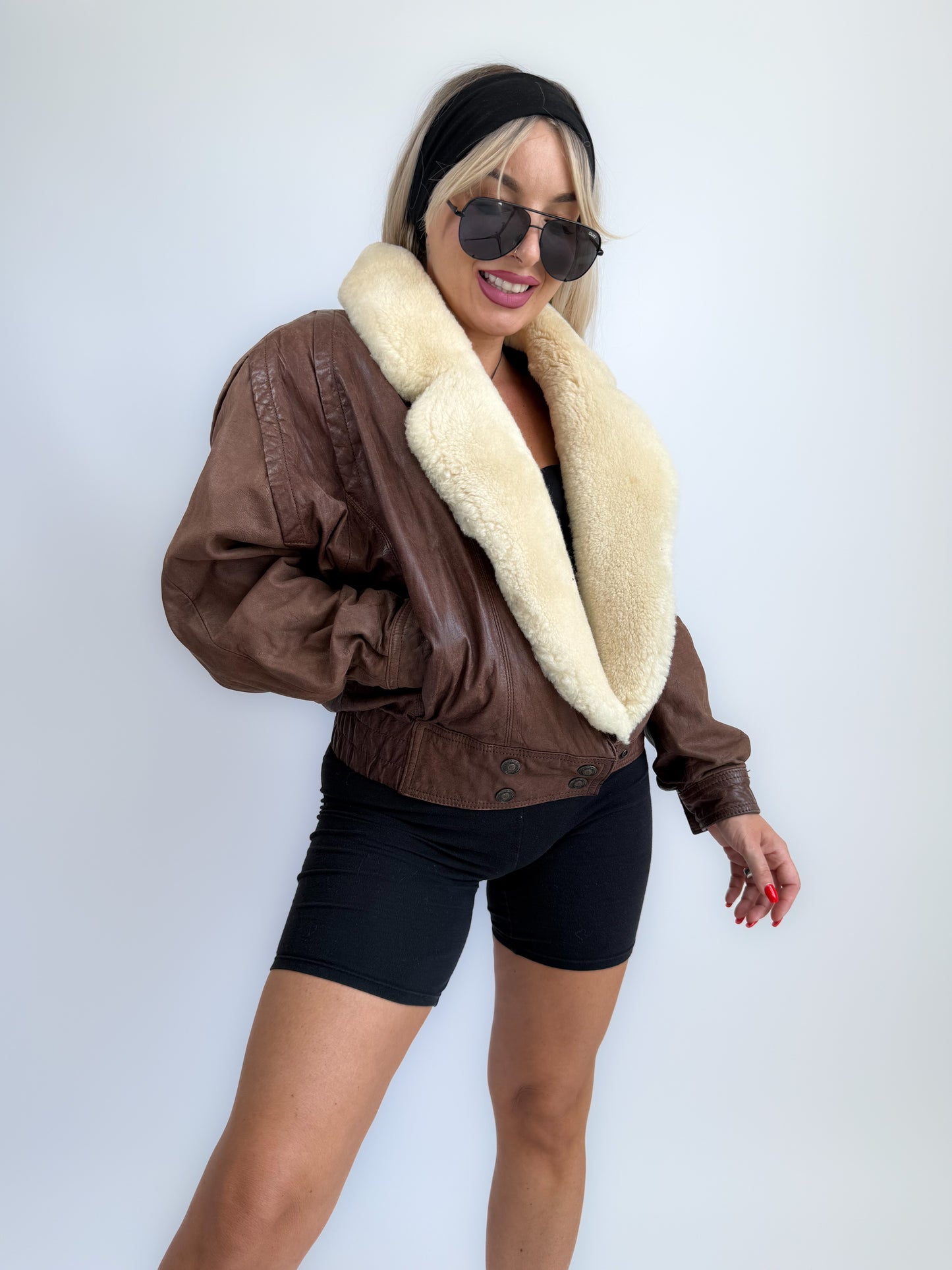 Vintage 90s Brown Leather B3 Bomber Jacket – Shearling Collar & Lining, Pilot Aviation Style, Size S-M