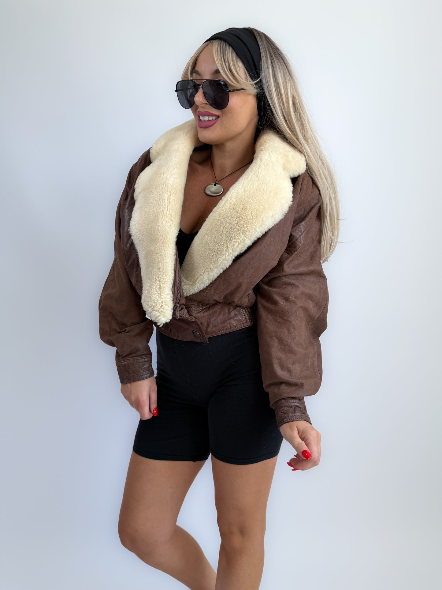 Vintage 90s Brown Leather B3 Bomber Jacket – Shearling Collar & Lining, Pilot Aviation Style, Size S-M