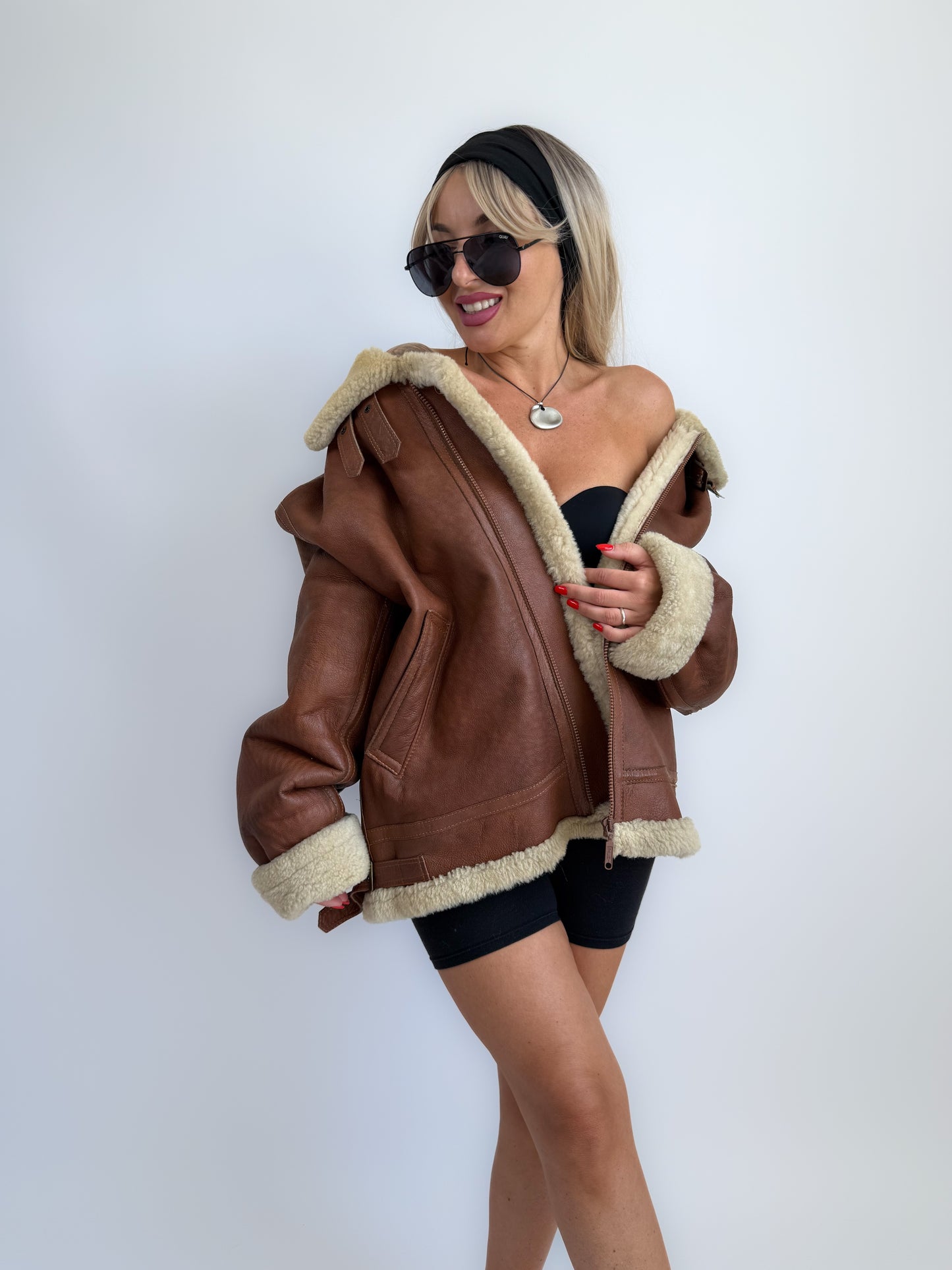 Vintage Shearling Leather Mens Style Bomber Jacket