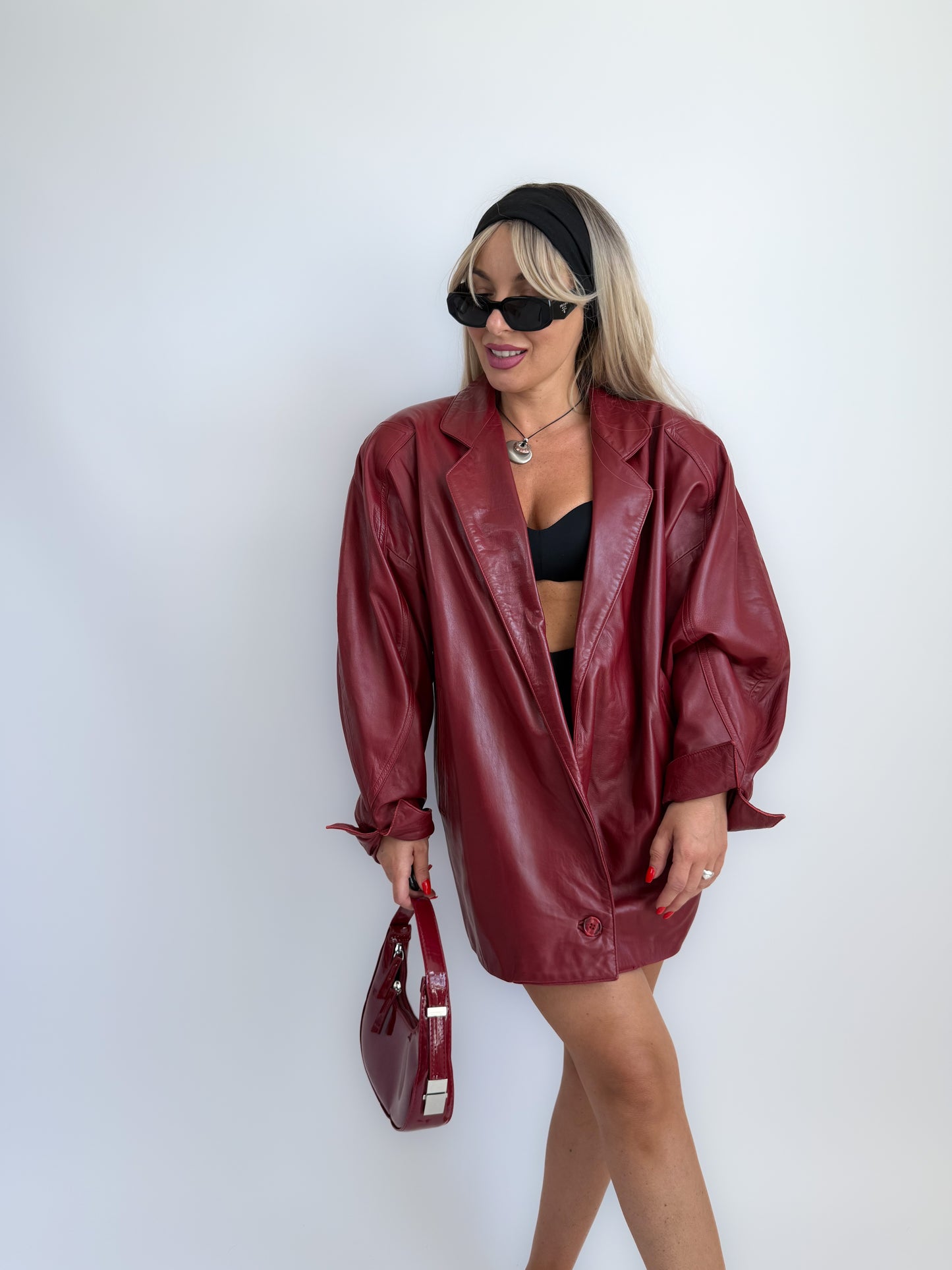 Vintage 90s Burgundy Leather Parka Coat – Oversized Statement Jacket with Shoulder Pads S-M-L