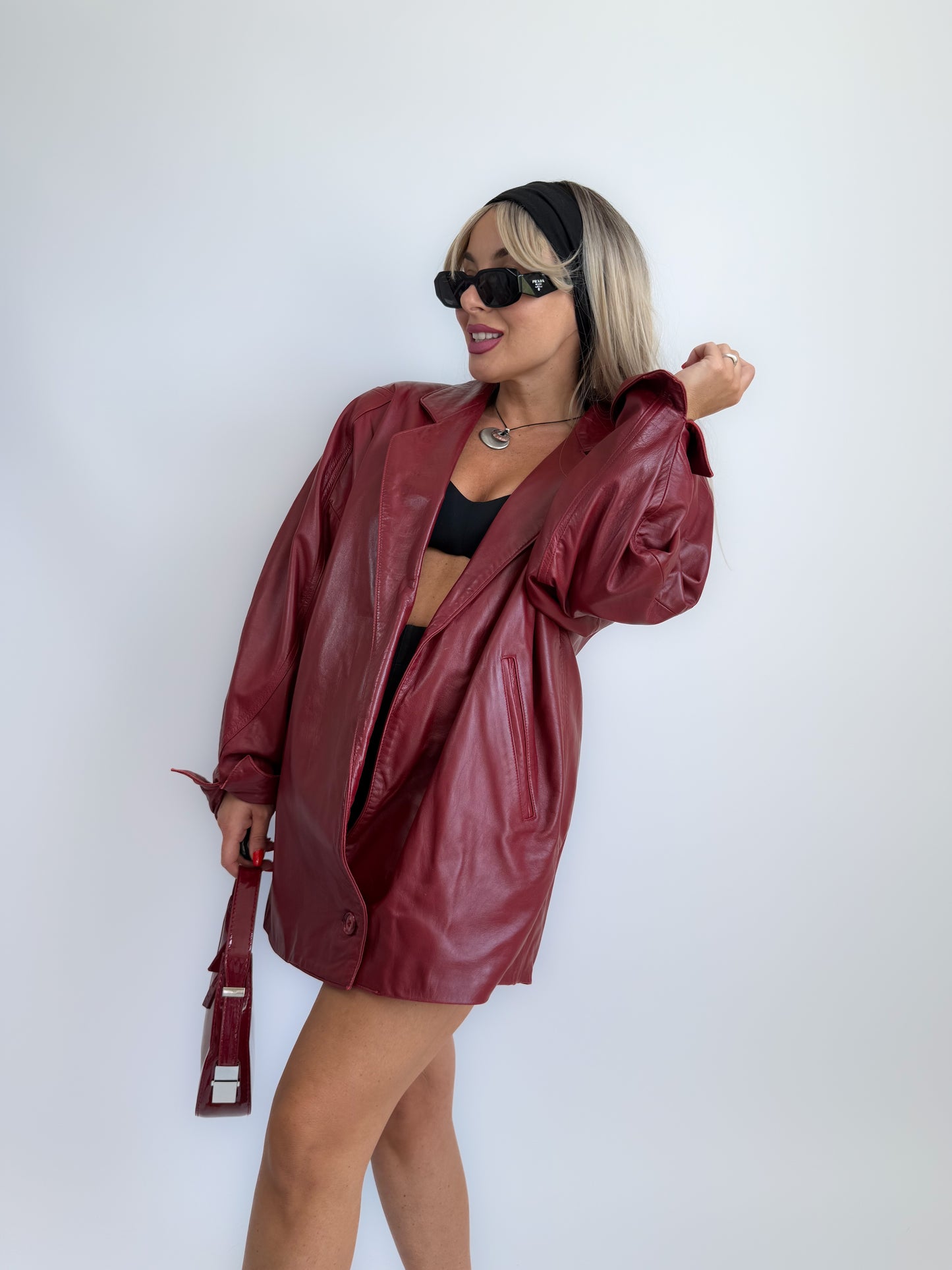 Vintage 90s Burgundy Leather Parka Coat – Oversized Statement Jacket with Shoulder Pads S-M-L