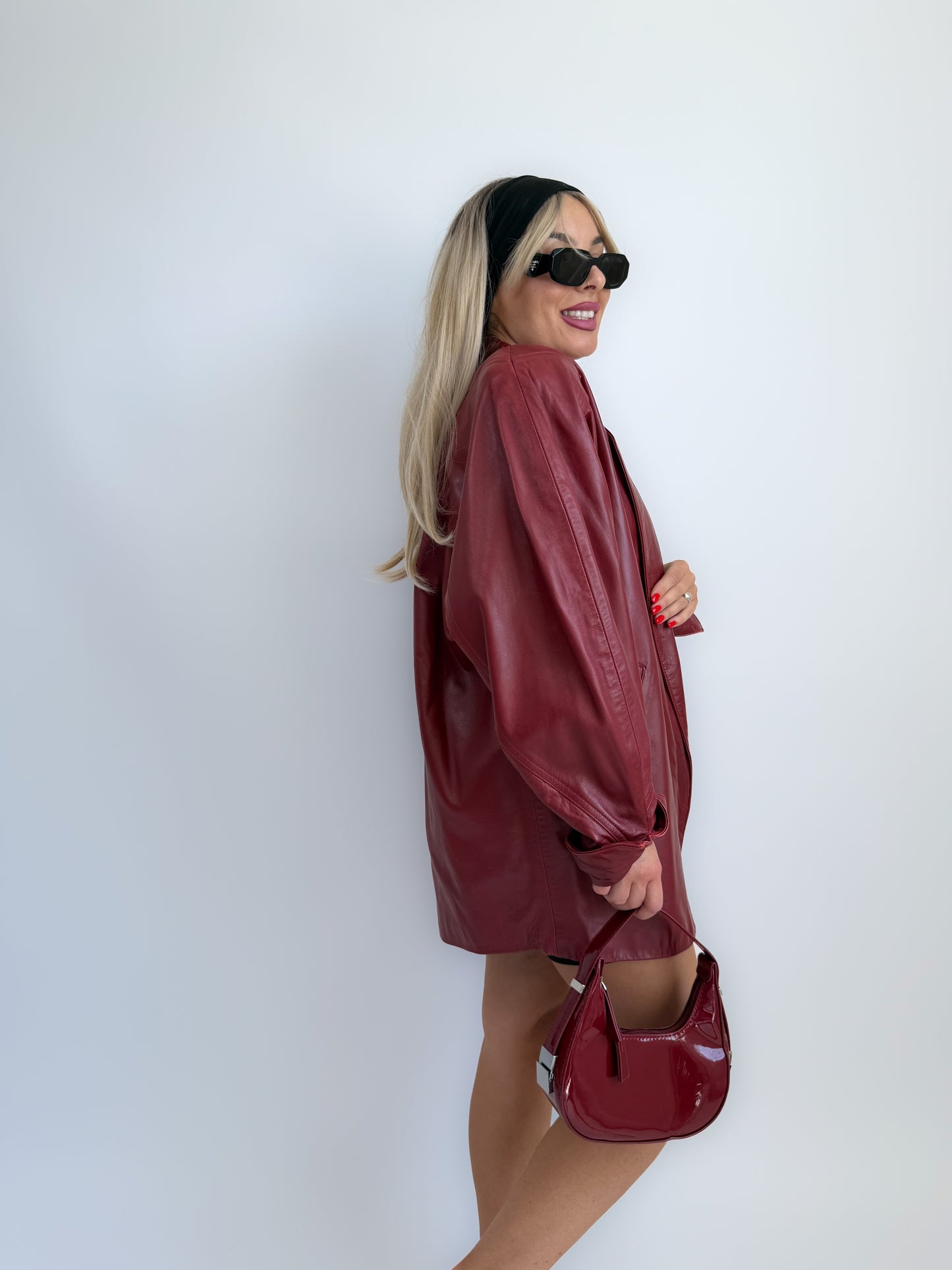 Vintage 90s Burgundy Leather Parka Coat – Oversized Statement Jacket with Shoulder Pads S-M-L
