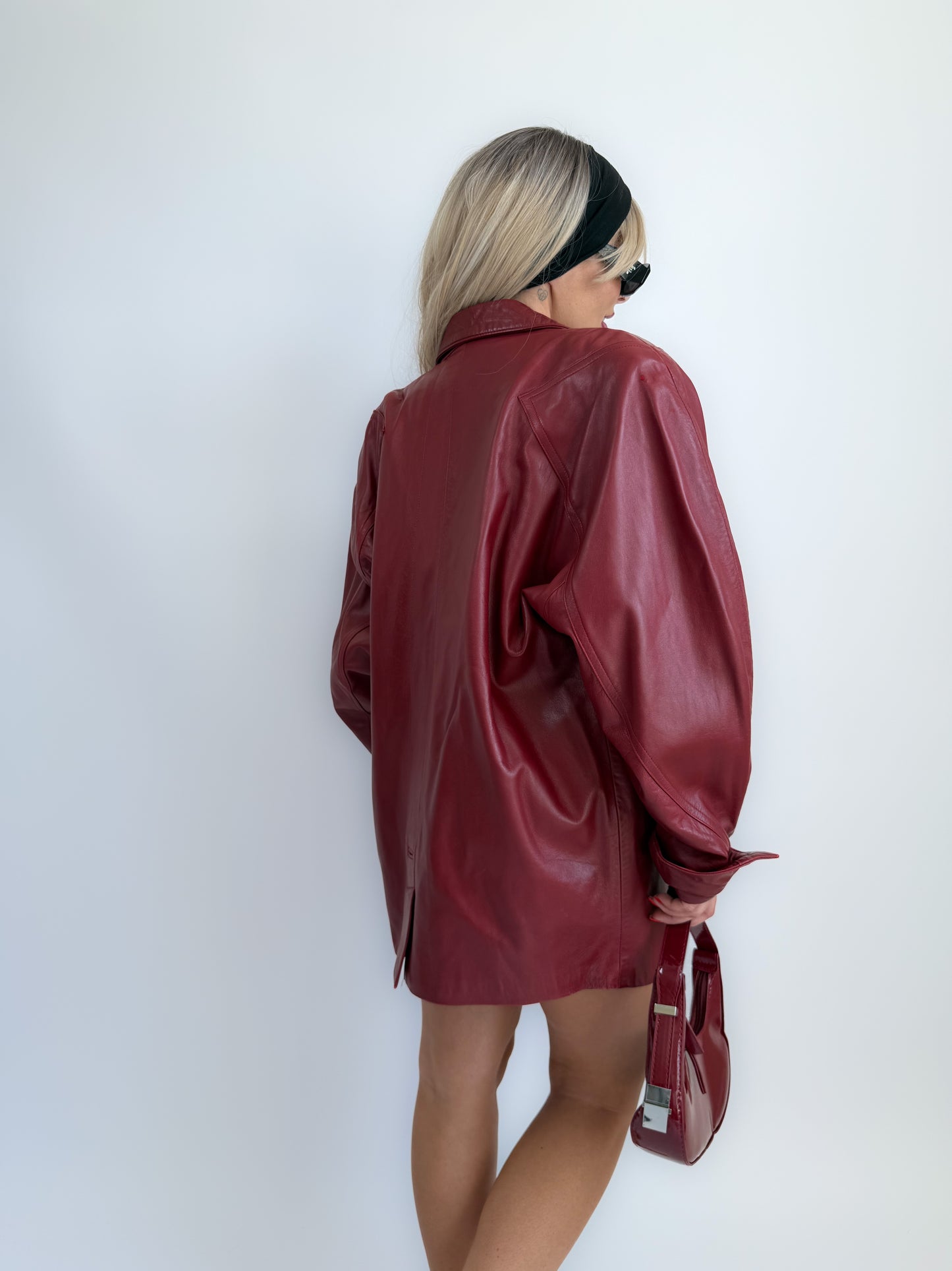 Vintage 90s Burgundy Leather Parka Coat – Oversized Statement Jacket with Shoulder Pads S-M-L
