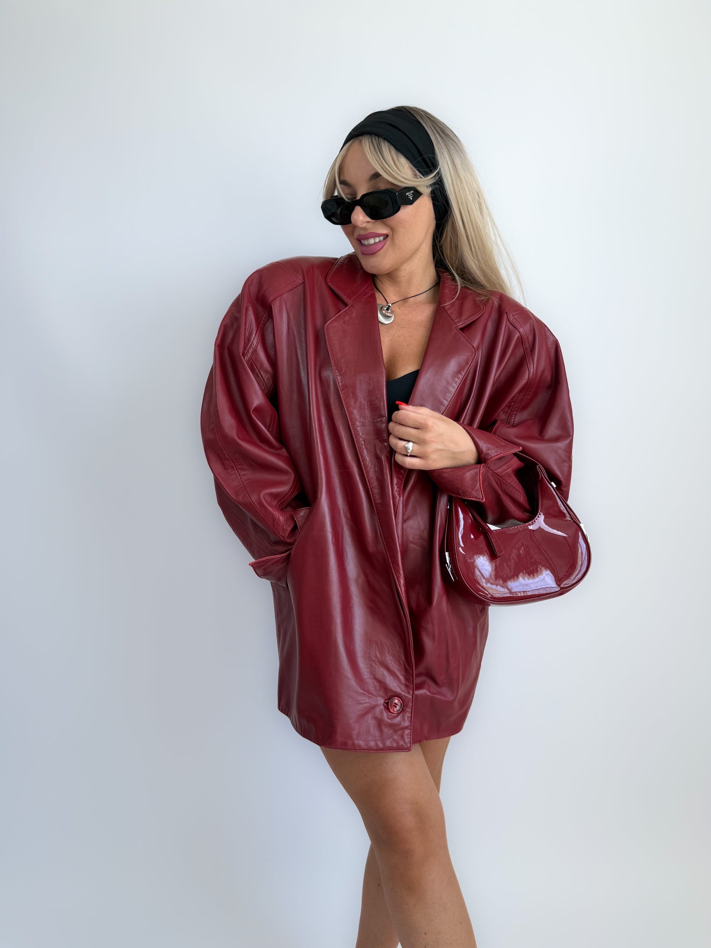 Vintage 90s Burgundy Leather Parka Coat – Oversized Statement Jacket with Shoulder Pads S-M-L